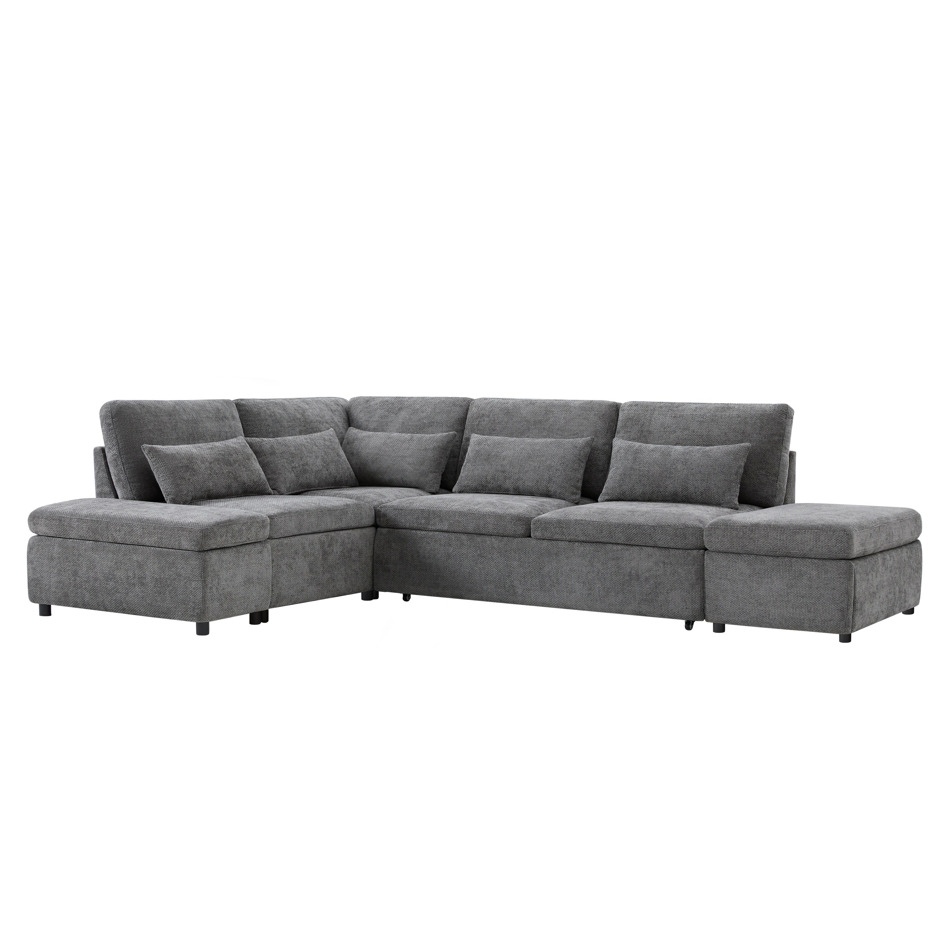 Modular Pull-Out Sectional Sofa Bed with Adjustable Charging Armrest and Storage Ottoman for Living Room Apartment