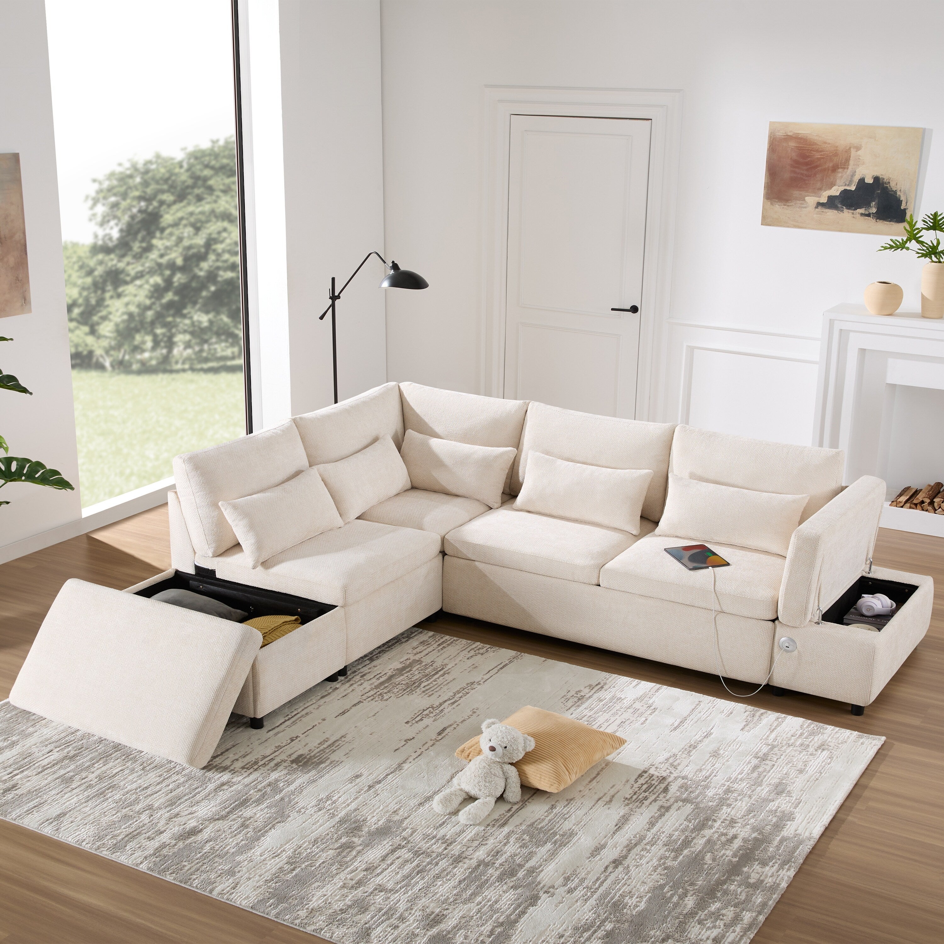 Modular Pull-Out Sectional Sofa Bed with Adjustable Charging Armrest and Storage Ottoman for Living Room Apartment