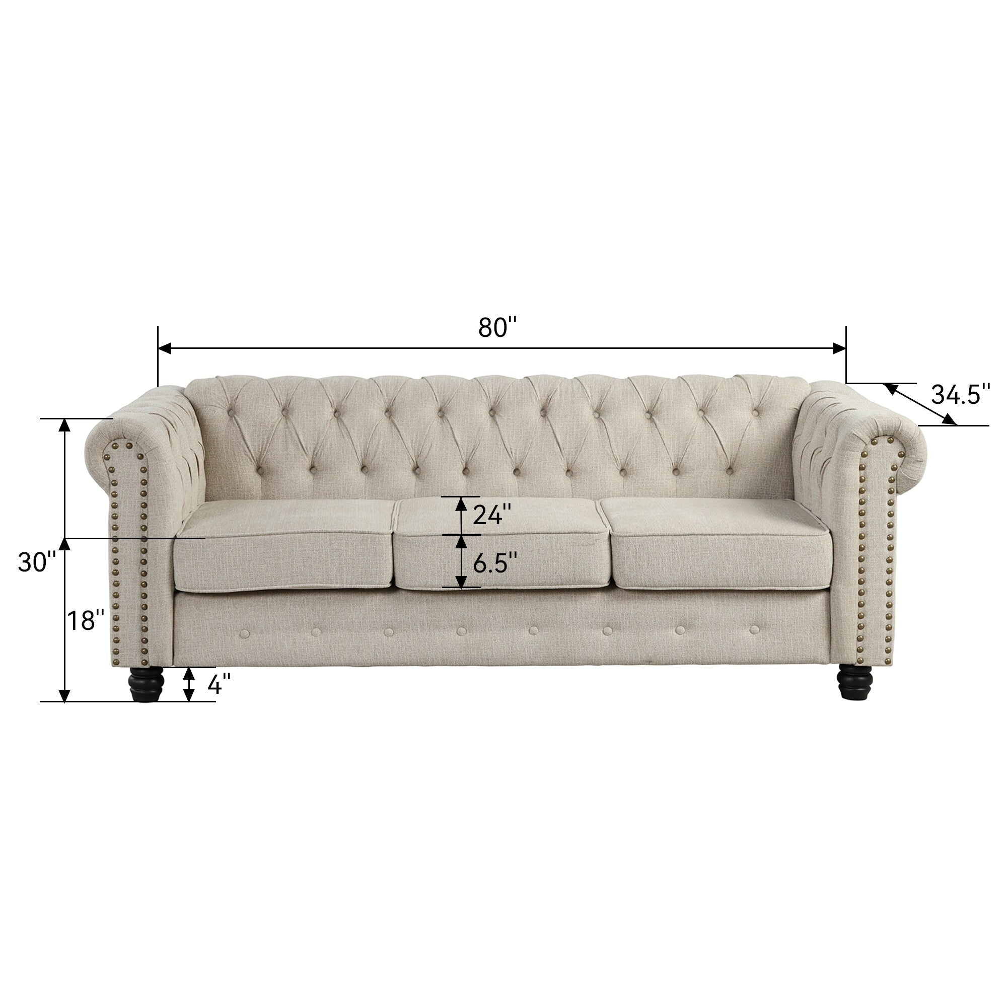 Morden Fort Linen Chesterfield Sofa with Button Tufted, Nailhead and Solid Wood Legs for Living Room