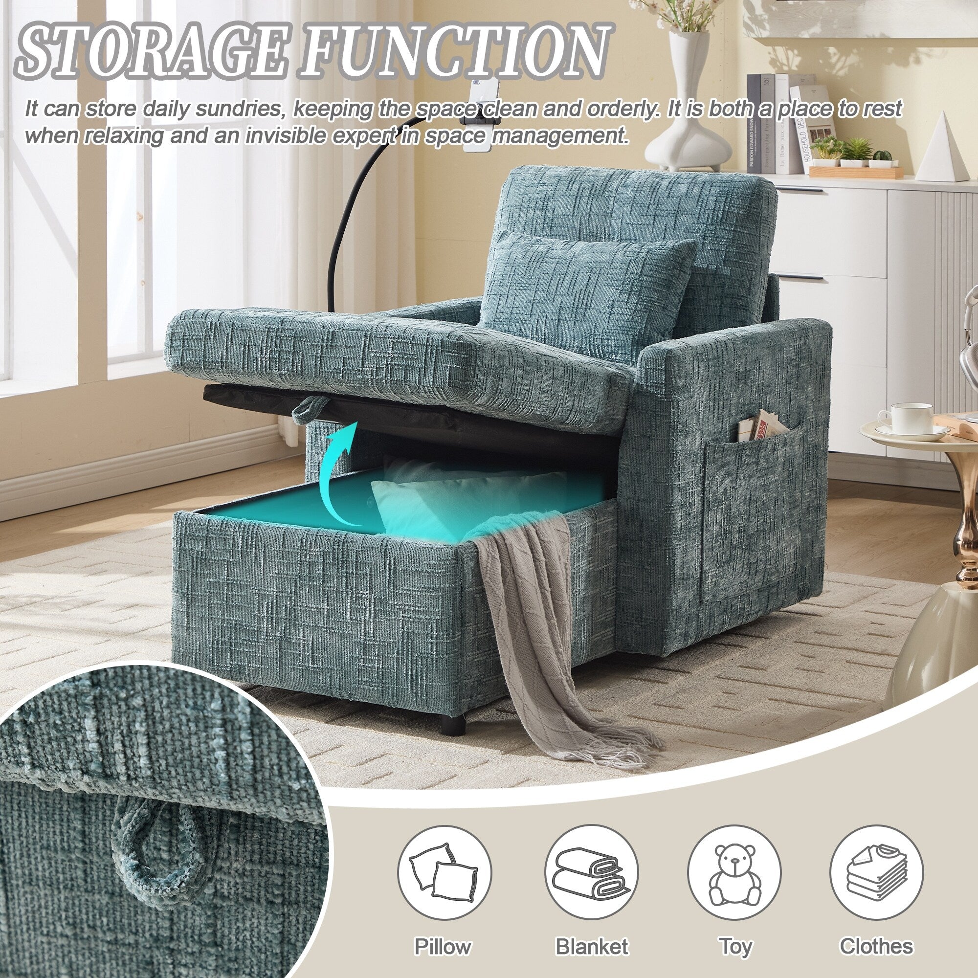 Multifunctional Lazy Person Sofa Recliner Can Be Stored Storage Backrest With Cell Phone Bracket Chenille Single Leisure Chair