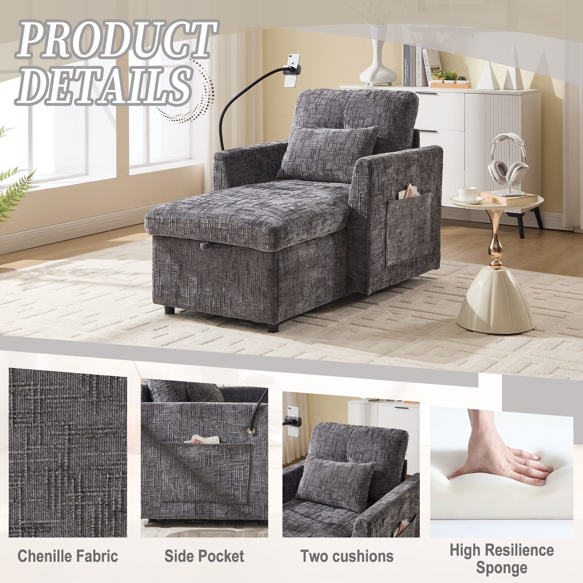 Multifunctional Lazy Person Sofa Recliner Can Be Stored Storage Backrest With Cell Phone Bracket Chenille Single Leisure Chair