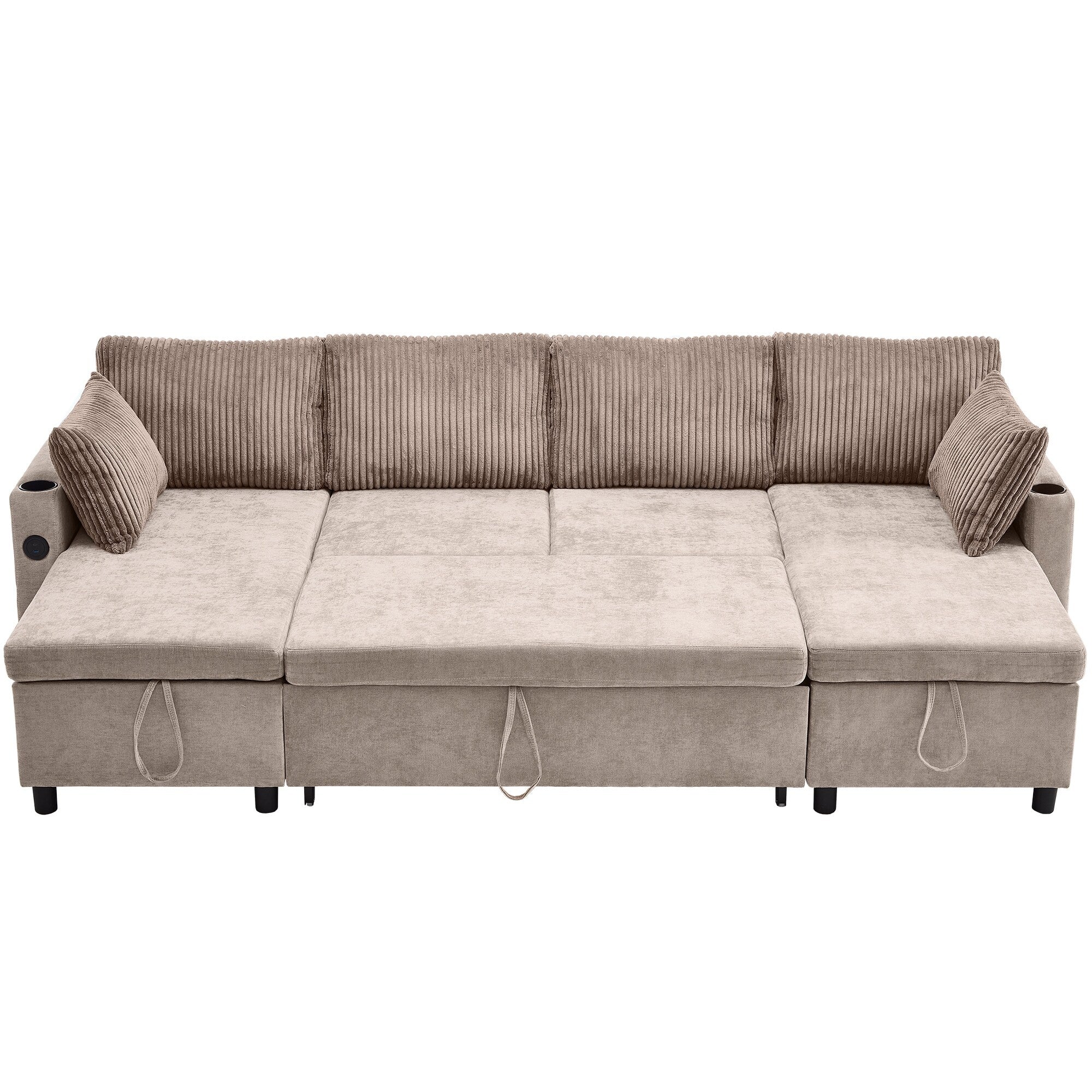 Multifunctional Sectional Sofa Bed with Pull-Out Sleeper, Dual Storage Chaises, USB Ports and Cup Holders for Living Room