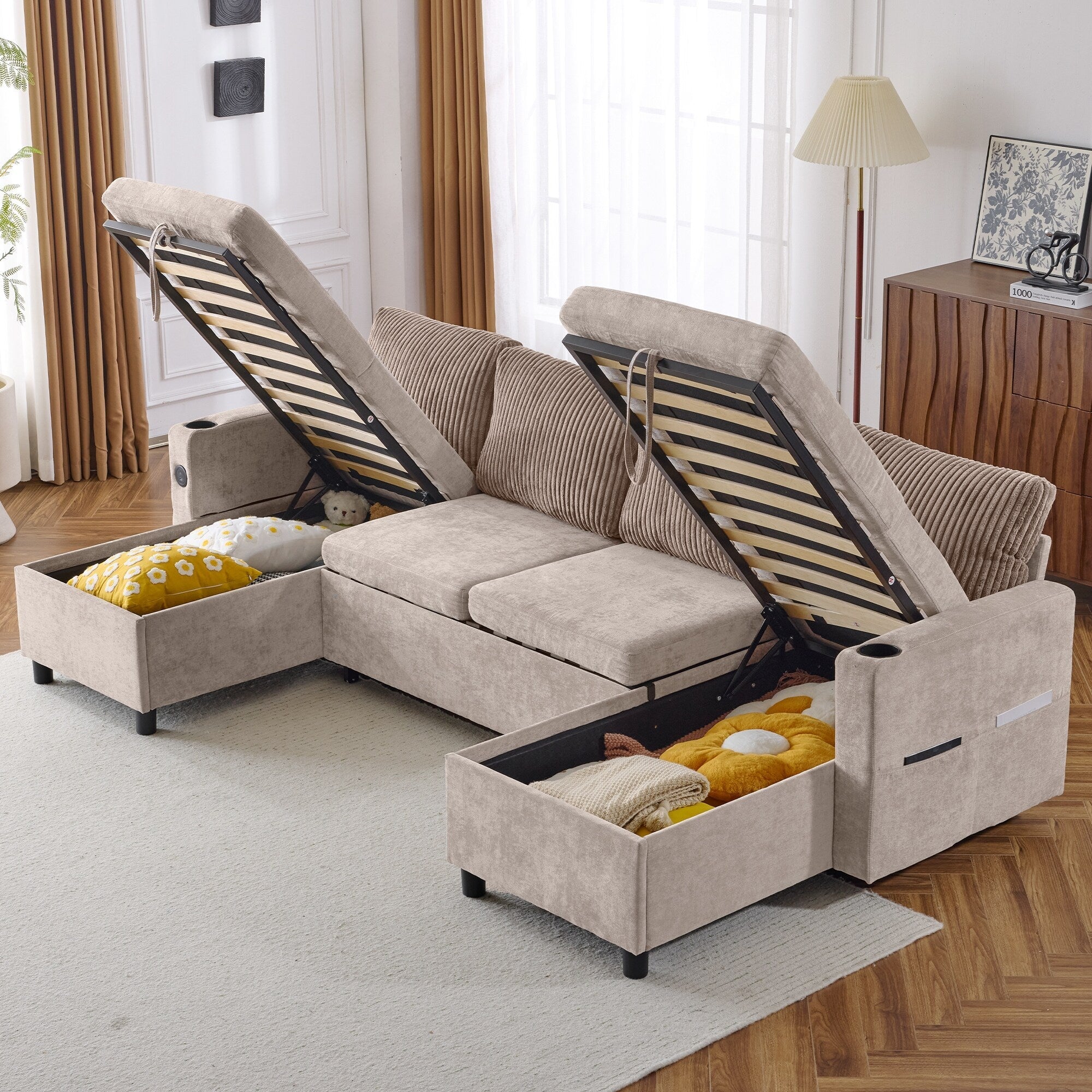 Multifunctional Sectional Sofa Bed with Pull-Out Sleeper, Dual Storage Chaises, USB Ports and Cup Holders for Living Room