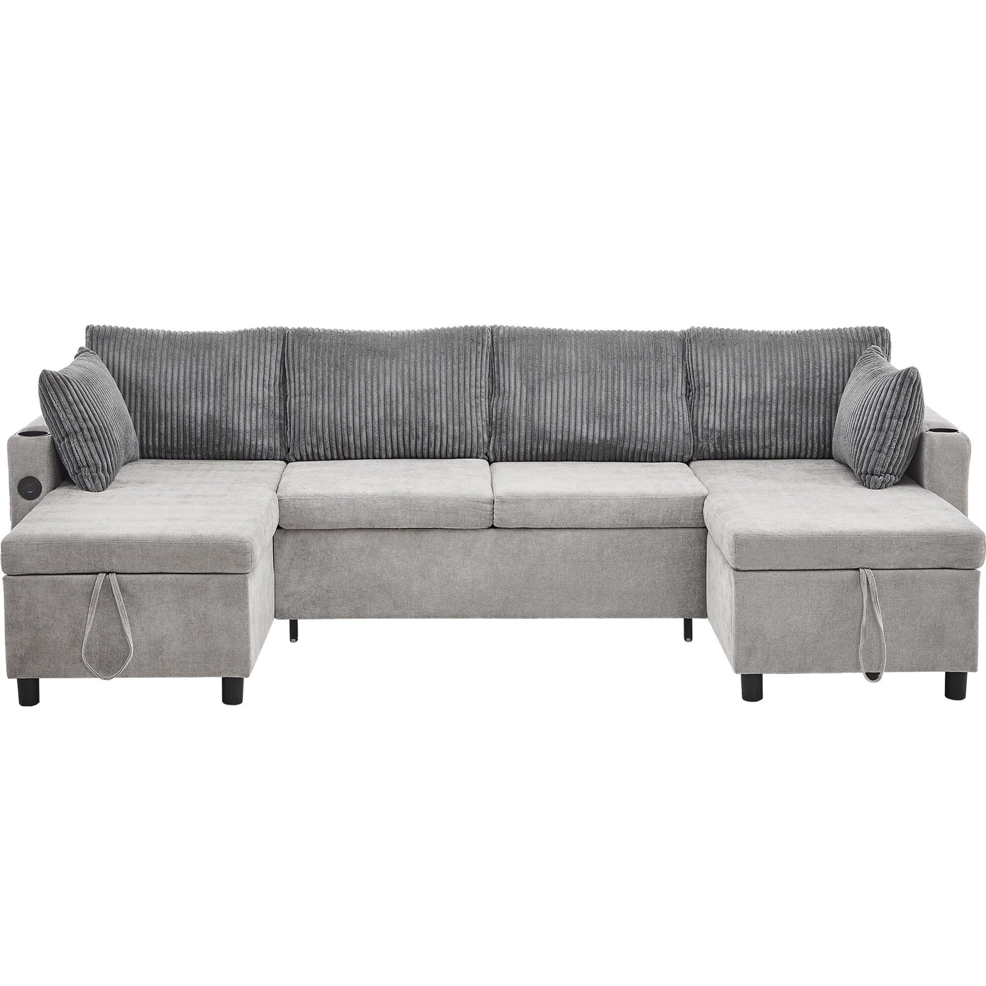 Multifunctional Sectional Sofa Bed with Pull-Out Sleeper, Dual Storage Chaises, USB Ports and Cup Holders for Living Room