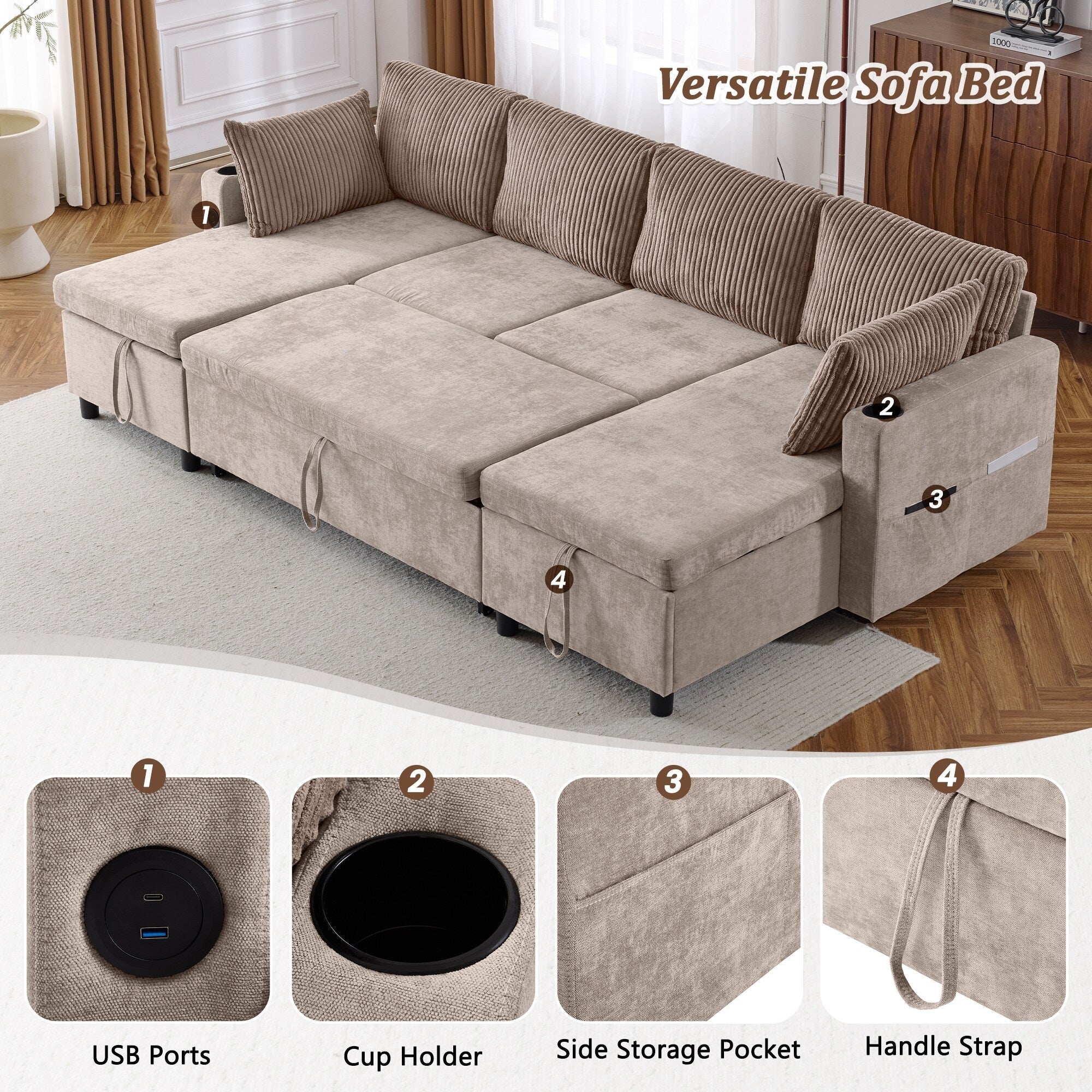 Multifunctional Sectional Sofa Bed with Pull-Out Sleeper, Dual Storage Chaises, USB Ports and Cup Holders for Living Room