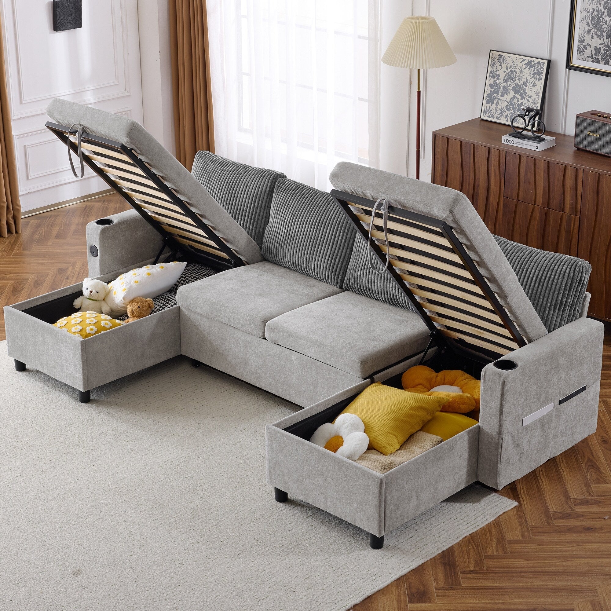 Multifunctional Sectional Sofa Bed with Pull-Out Sleeper, Dual Storage Chaises, USB Ports and Cup Holders for Living Room