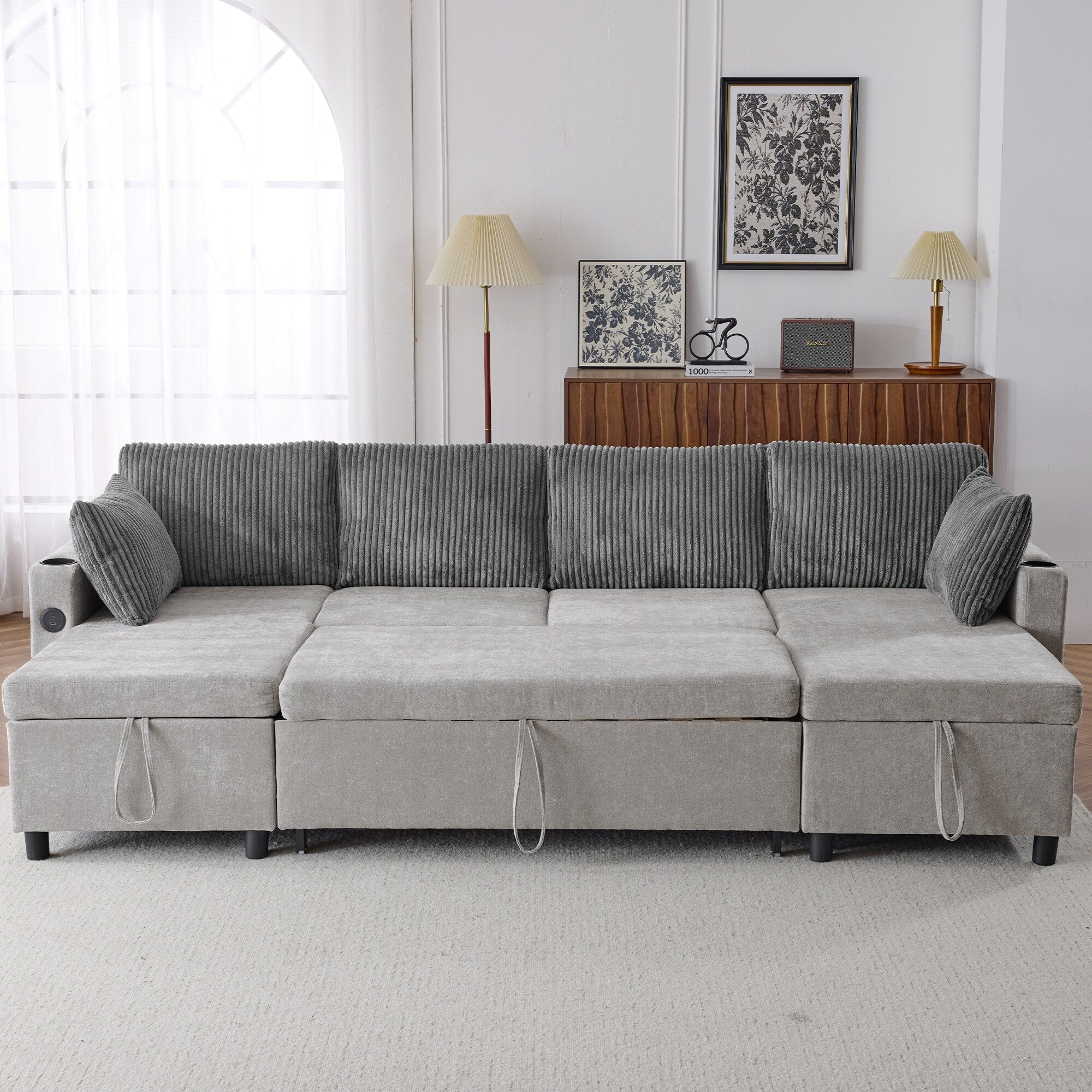 Multifunctional Sectional Sofa Bed with Pull-Out Sleeper, Dual Storage Chaises, USB Ports and Cup Holders for Living Room