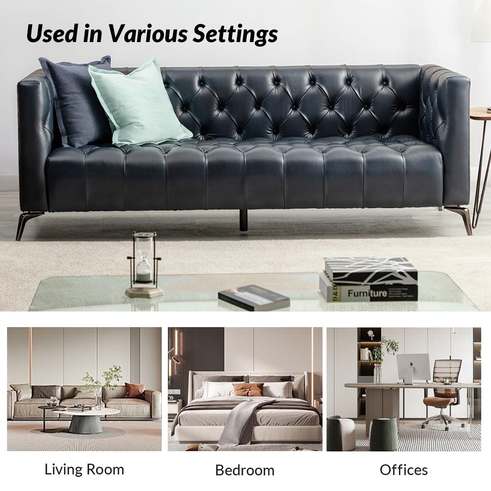 Nestor Transitional Genuine Leather Sofa with Metal Legs and Tufted Back