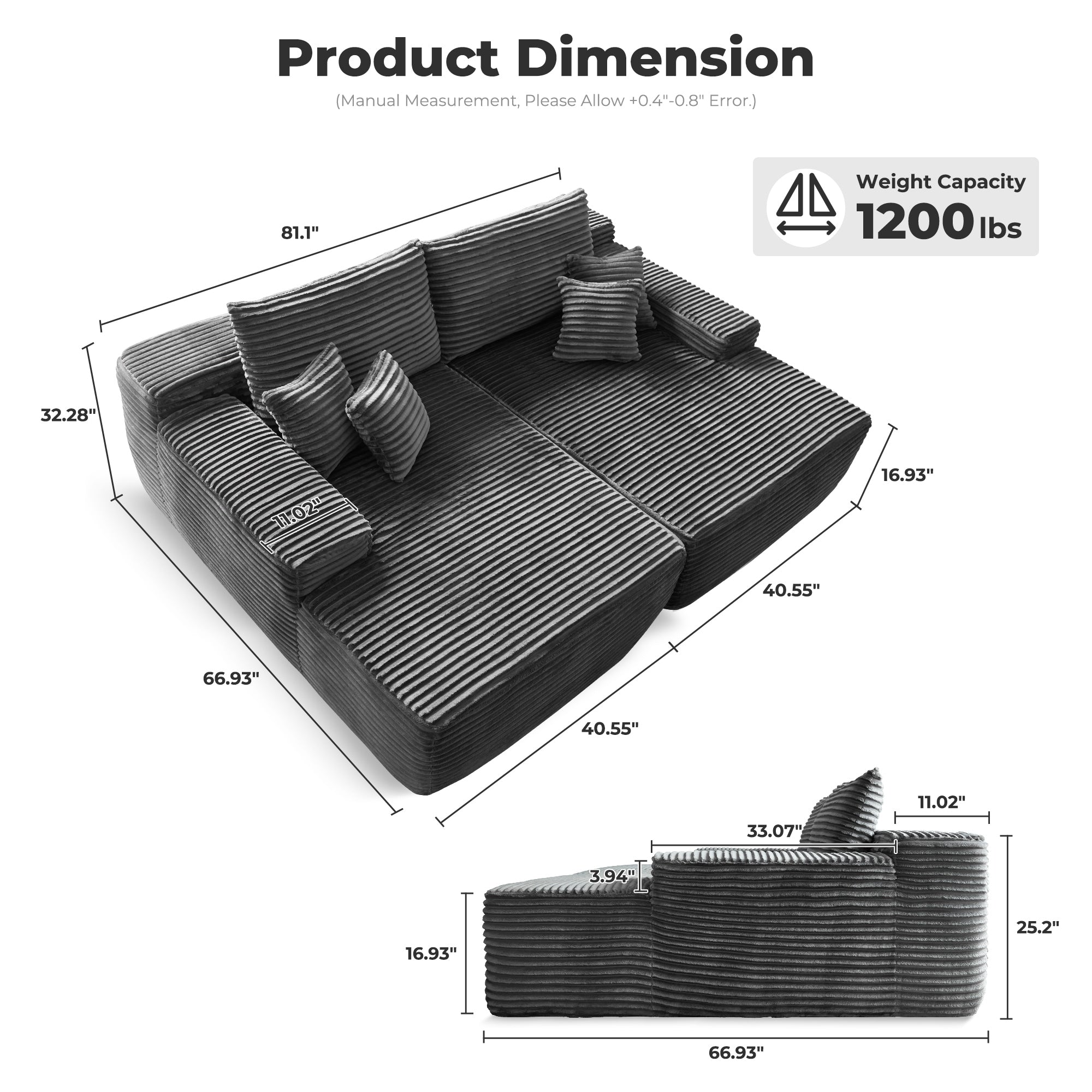 OVIOS Long Plush No Assembly Required Double Chaise Sofa