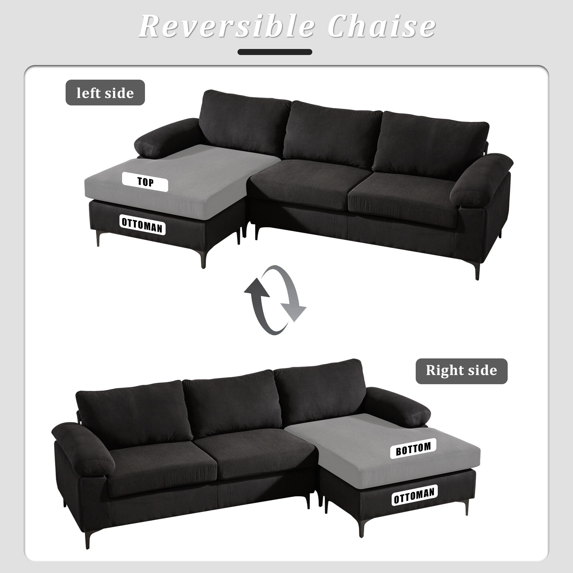 OVIOS Reversible Chaise Sofa With Fluffy Cushions Metal Legs