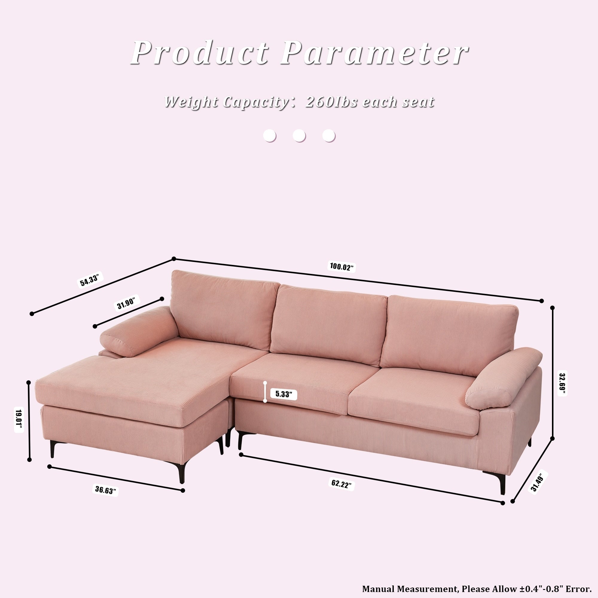 OVIOS Reversible Chaise Sofa With Fluffy Cushions Metal Legs