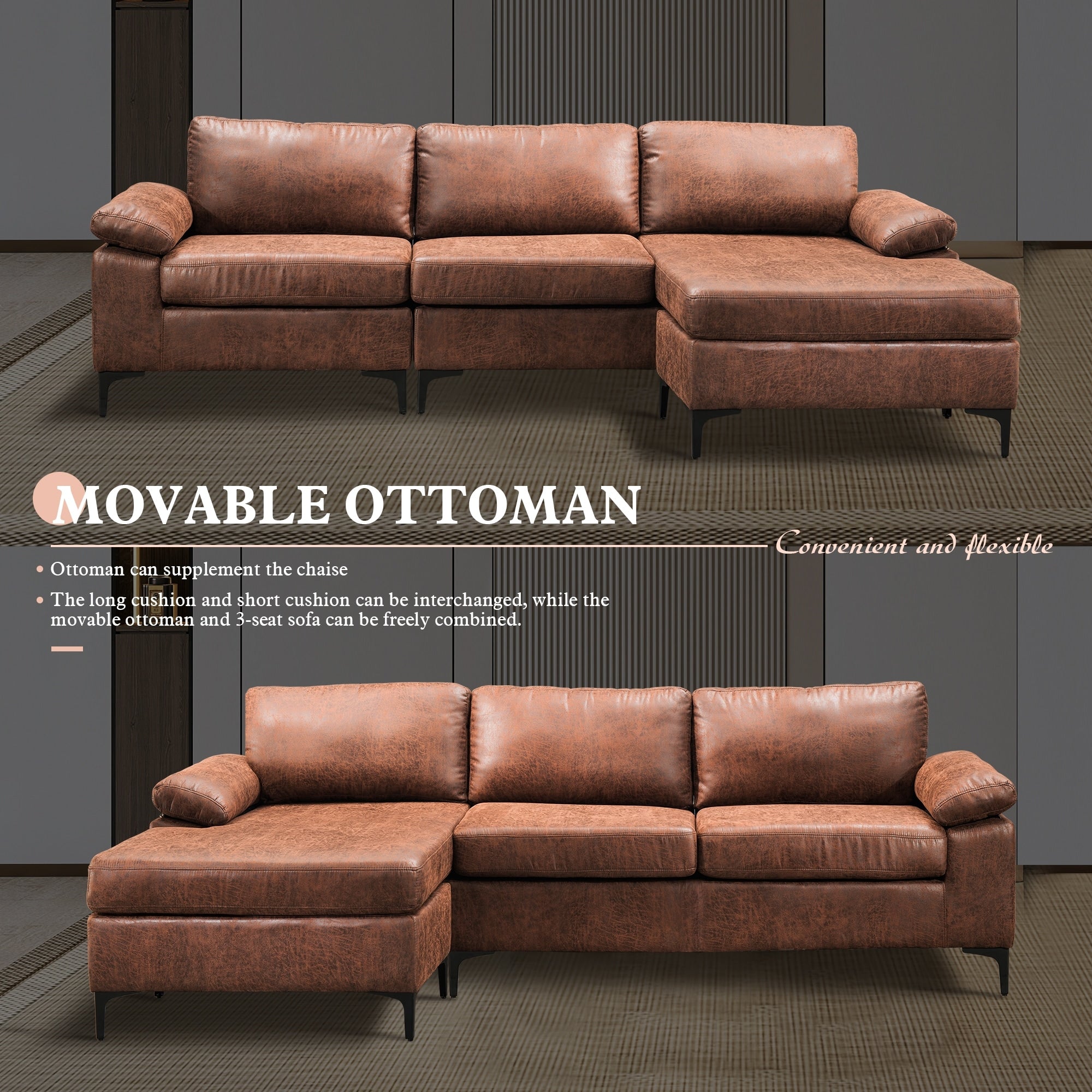 OVIOS Mid-Century Suede Reversible Chaise Sofa With Metal Legs