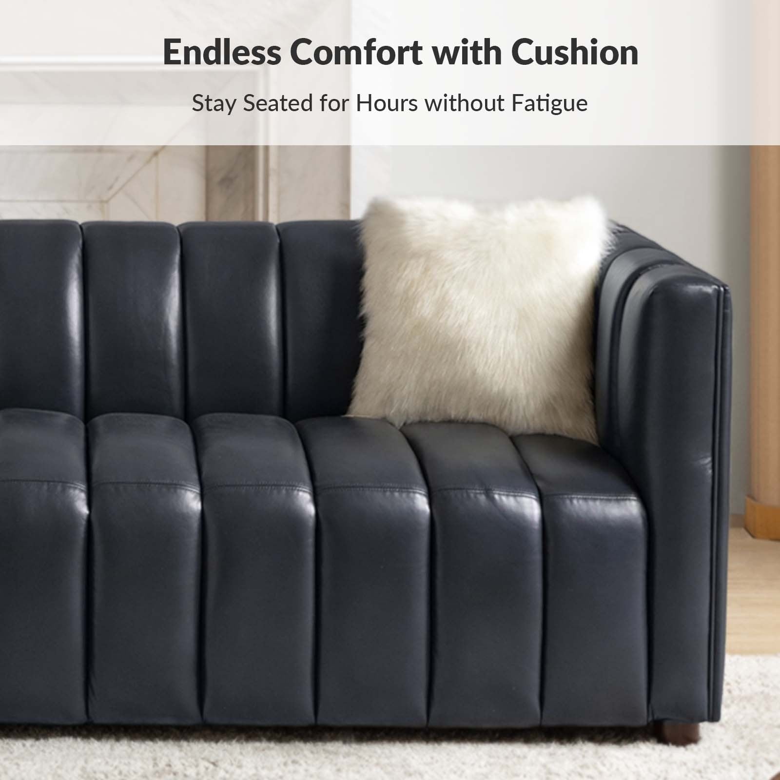 Olinto Modern 83-Inch Genuine Leather Curved Couch Sofa with Channel Back by HULALA HOME