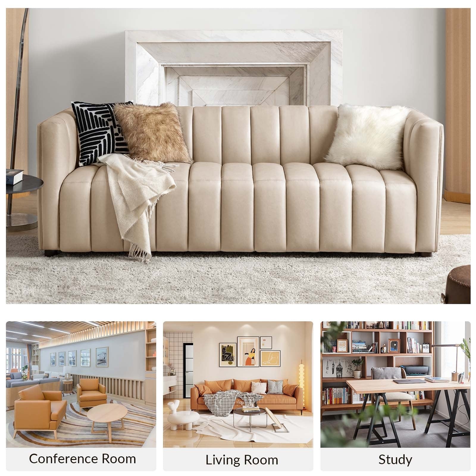 Olinto Modern 83-Inch Genuine Leather Curved Couch Sofa with Channel Back by HULALA HOME