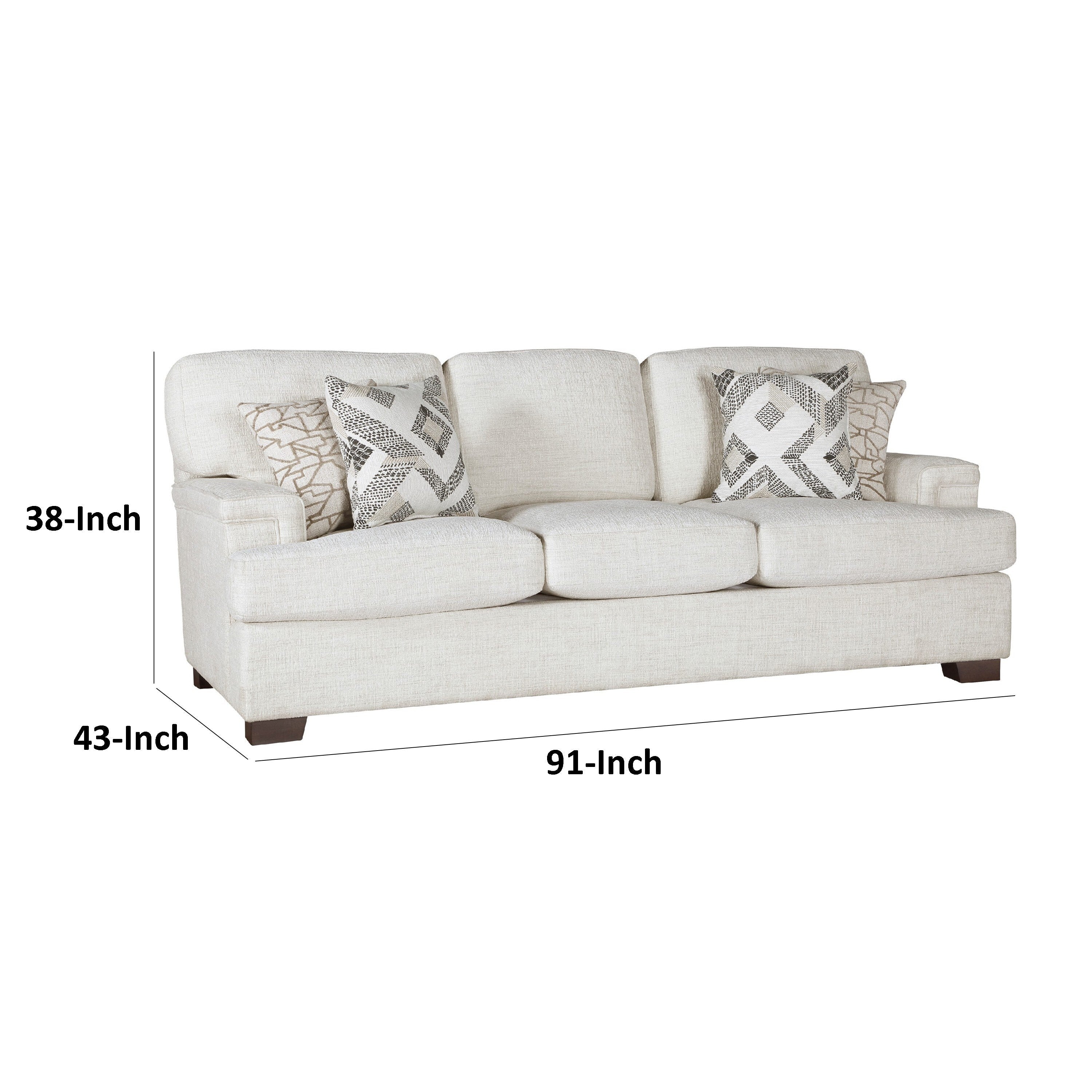 Osy Sofa with 4 Accent Pillows, 91 Inch, Soft Ivory Chenille