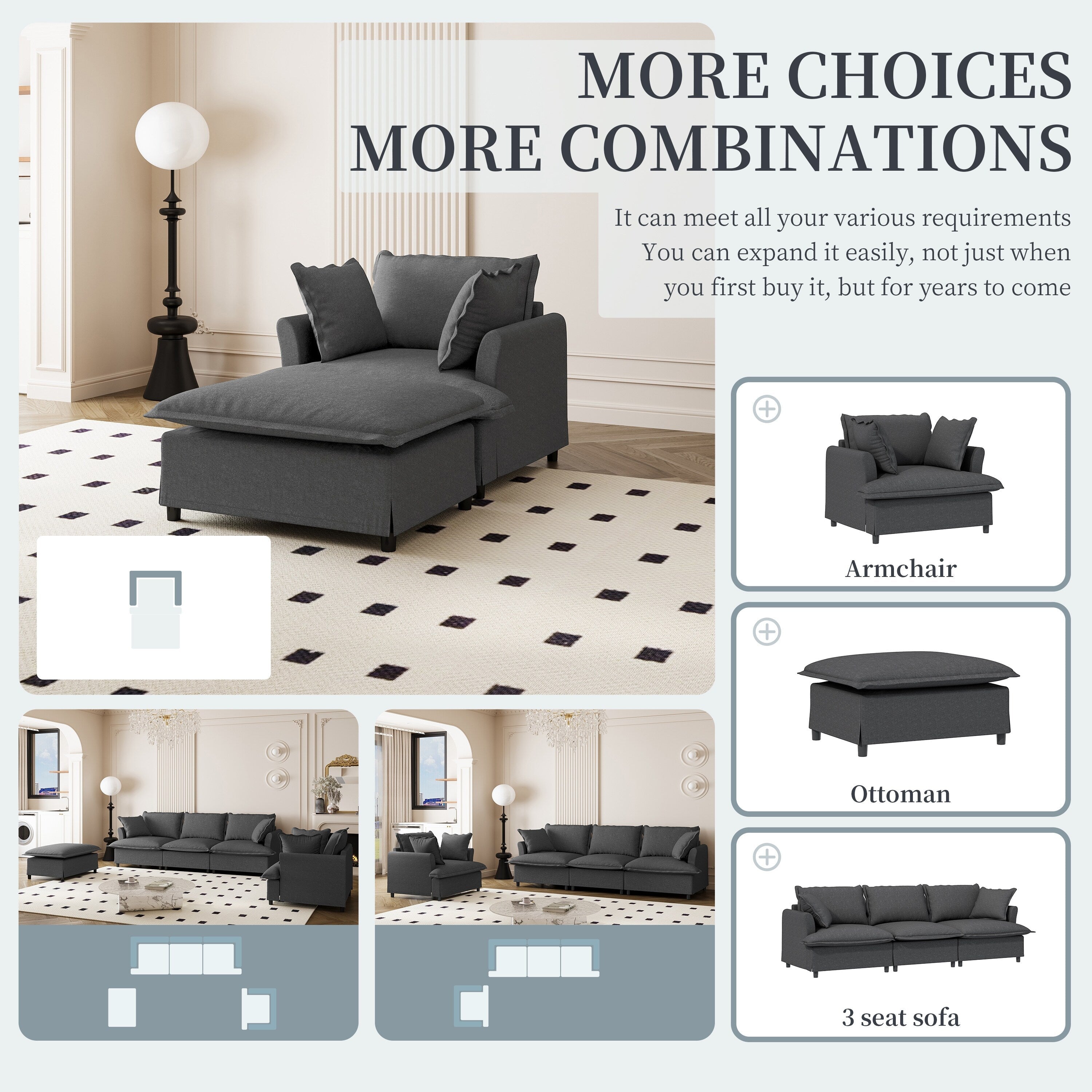 Oversized Chaise Lounge Chenille Single Sofa Bed Lazy Sleeper Armchair with Movable Ottoman for Living Room Bedroom
