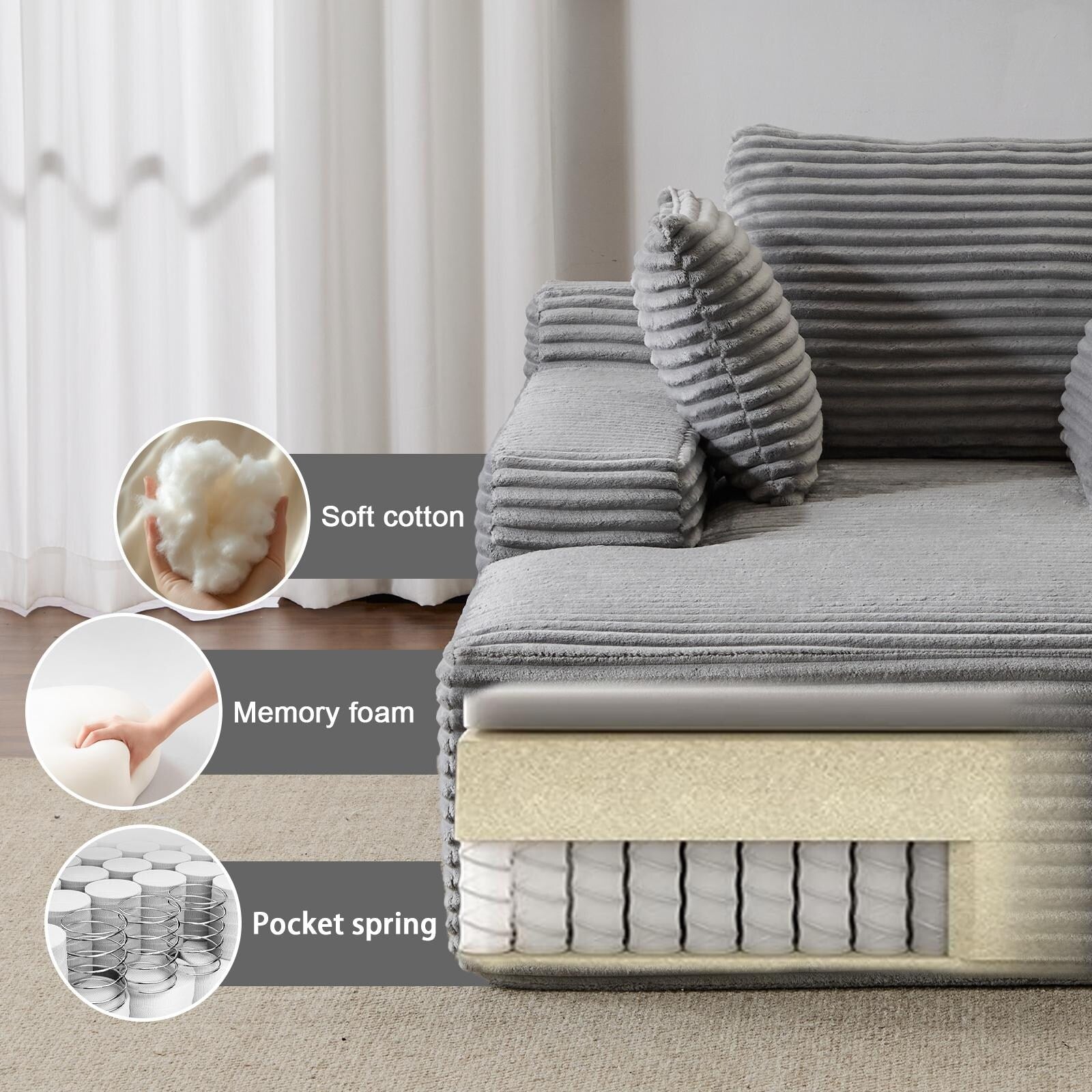 Oversized Corduroy Chaise Lounge Sleeper Sofa with 3 Pillows Wide Armrest No Assembly Grey