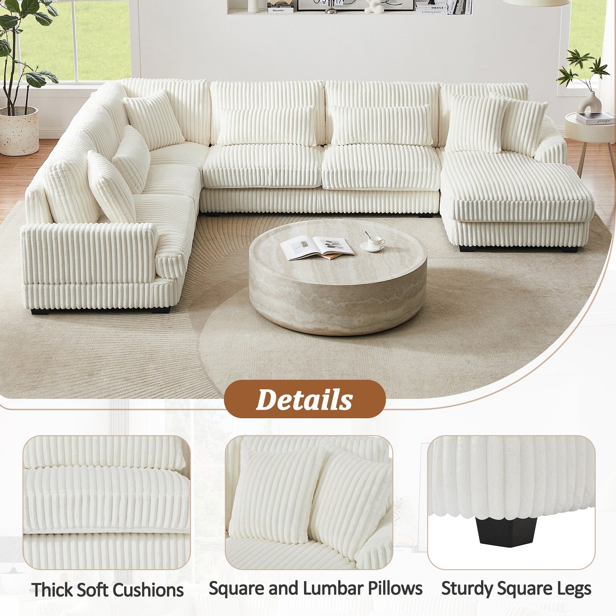 Oversized U-Shaped Sectional Sofa with Chaise, 4 Square and 3 Lumbar Pillows for Living Room