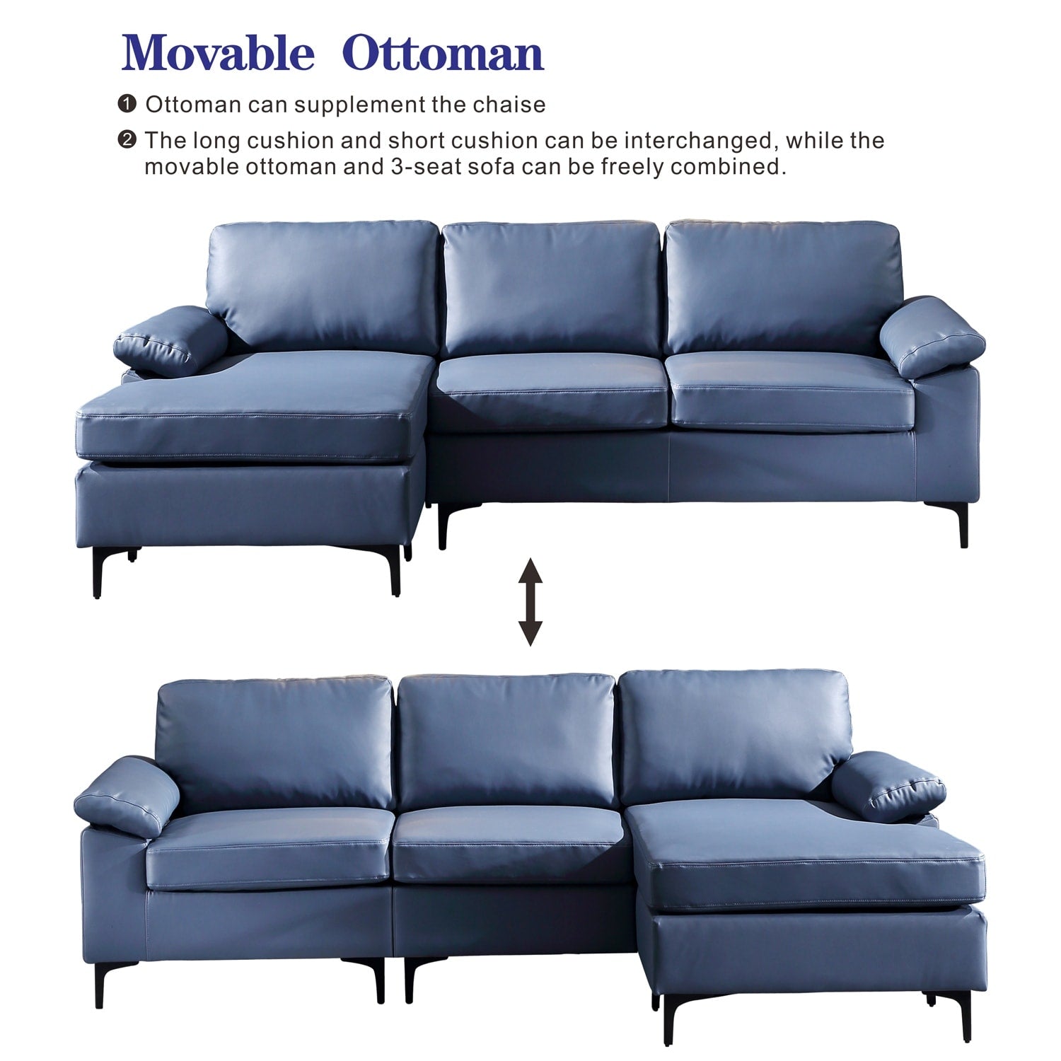 OVIOS Reversible Chaise Sofa With Fluffy Cushions Metal Legs