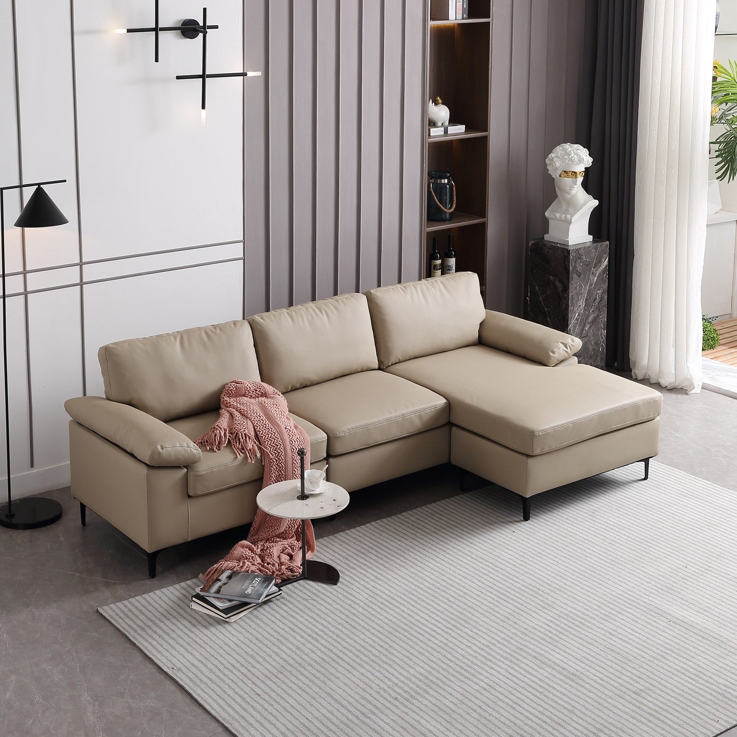 OVIOS Reversible Chaise Sofa With Fluffy Cushions Metal Legs