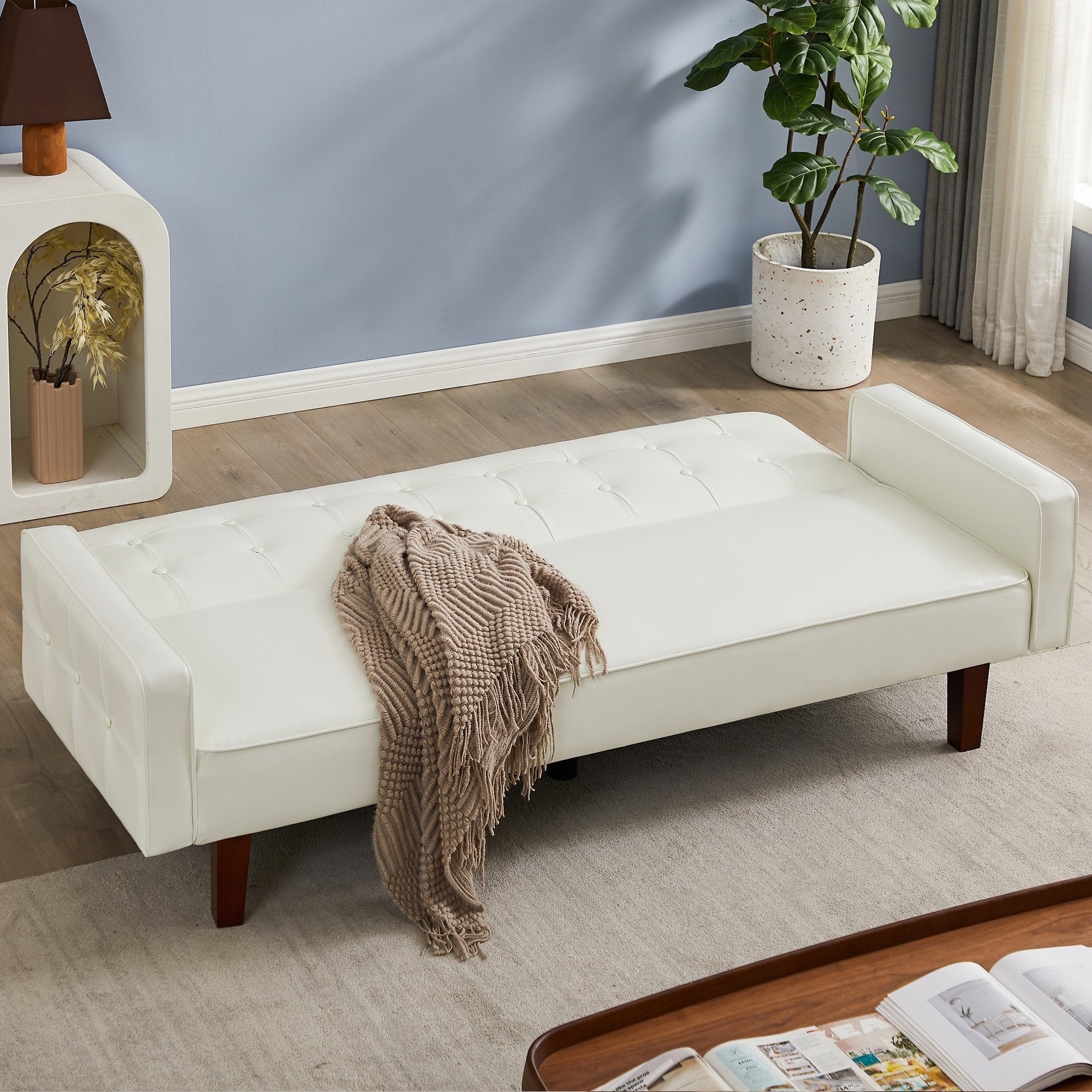 PU Futon Sofa Couch for Living Room Convertible Faux Leather Upholstered Futon Sleeper Sofa Bed Channel Tufted Bedroom Futons