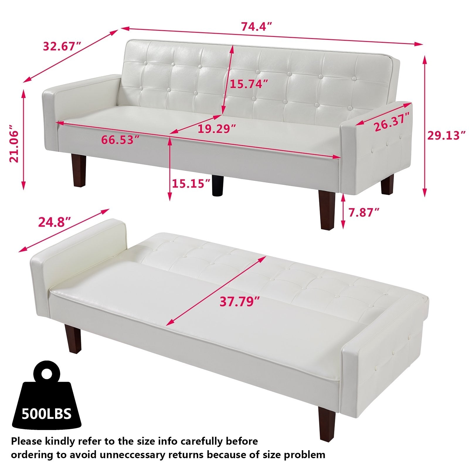 PU Futon Sofa Couch for Living Room Convertible Faux Leather Upholstered Futon Sleeper Sofa Bed Channel Tufted Bedroom Futons