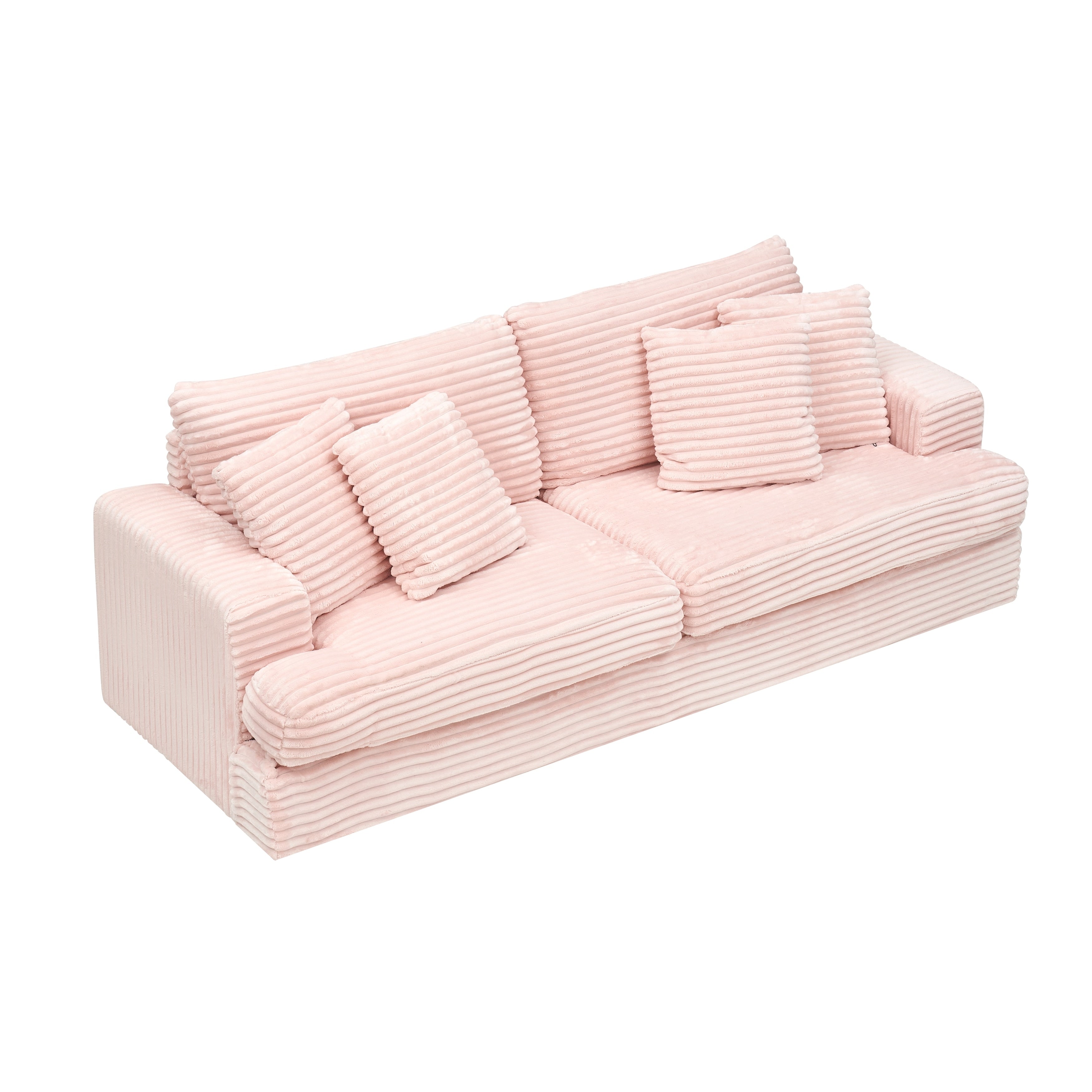 Pink 79.3 Corduroy 3-Seater Sofa with 4 Toss Pillows, Spring Cushion