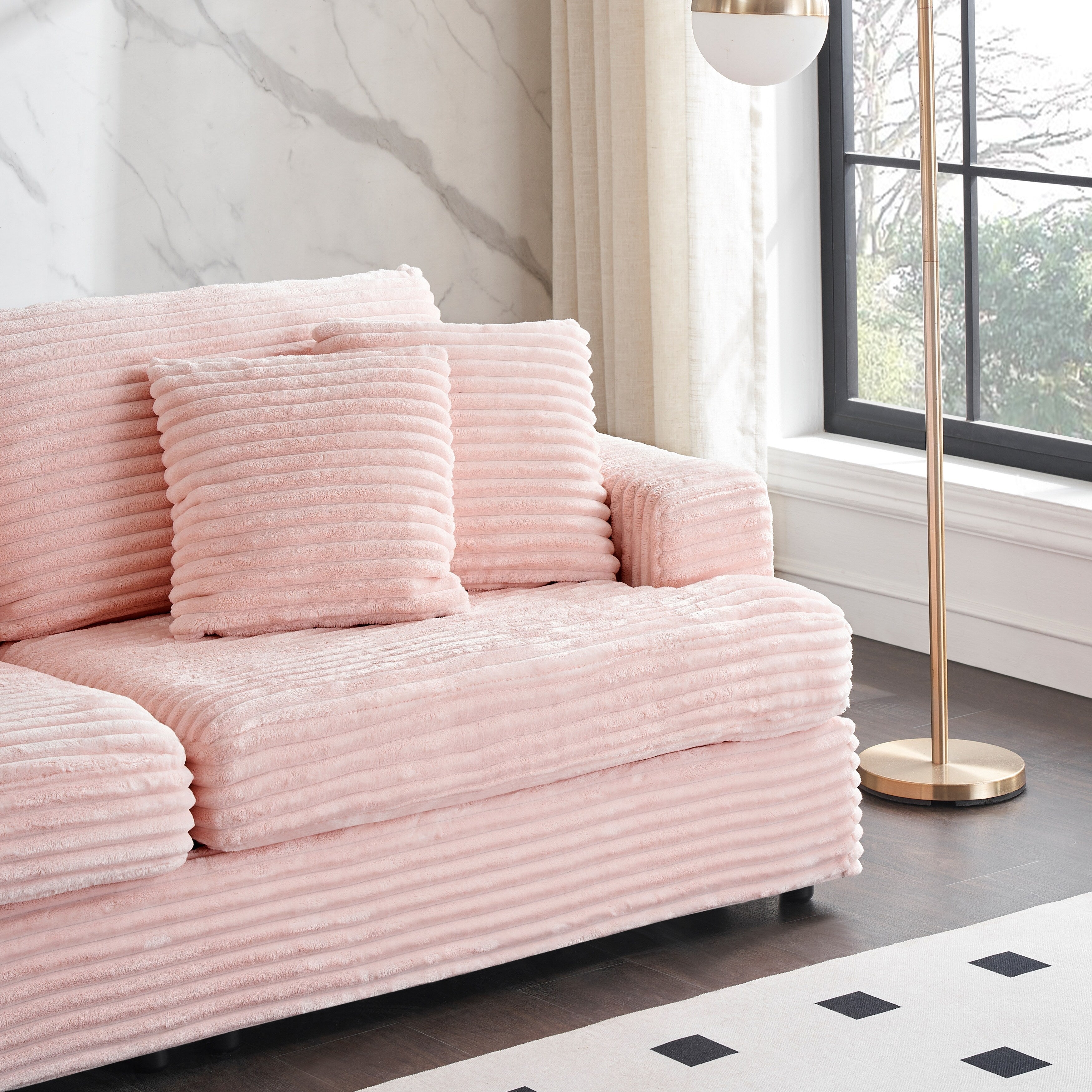 Pink 79.3 Corduroy 3-Seater Sofa with 4 Toss Pillows, Spring Cushion