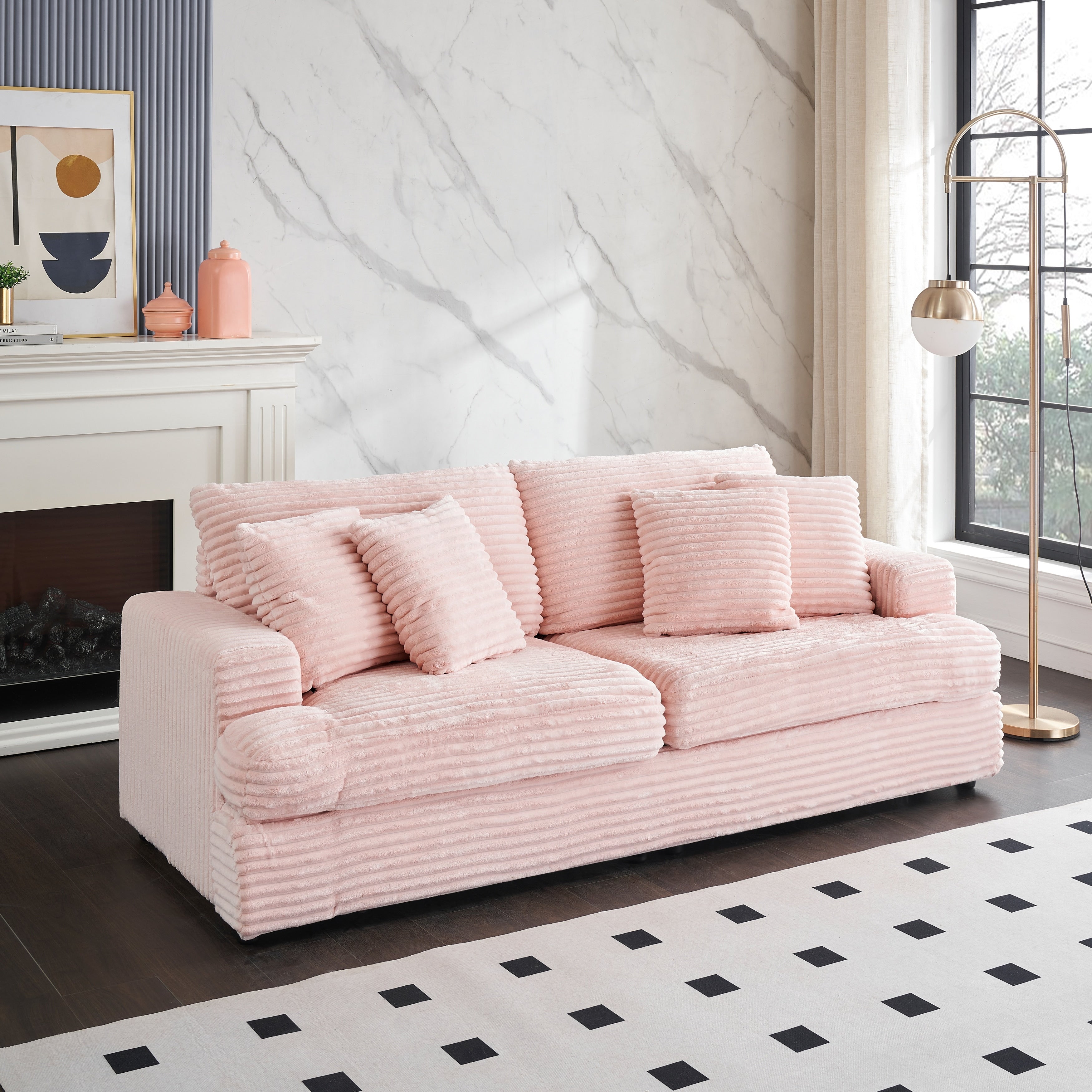 Pink 79.3 Corduroy 3-Seater Sofa with 4 Toss Pillows, Spring Cushion
