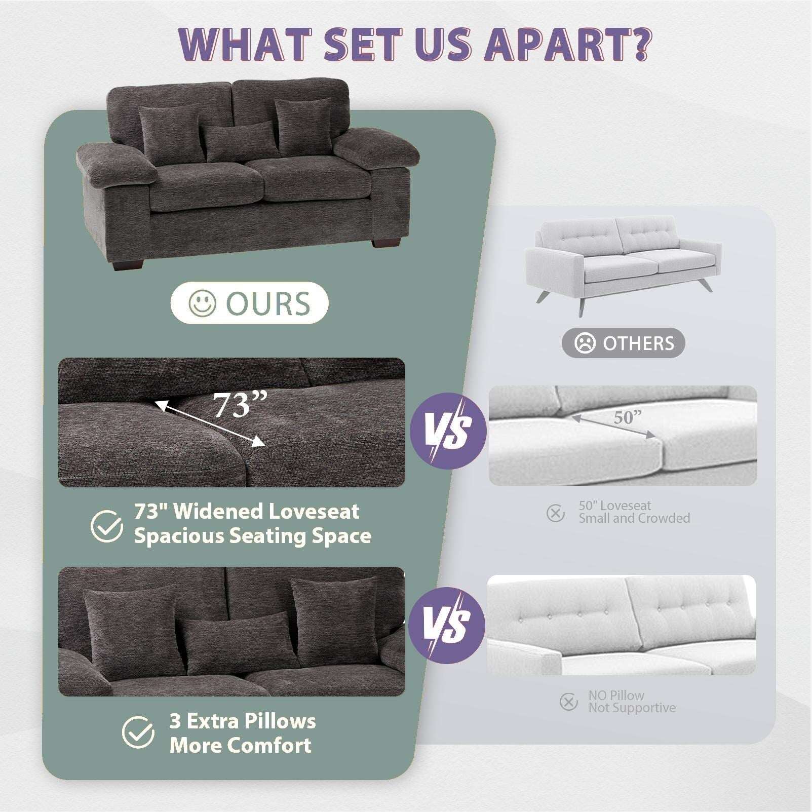 Plush Chenille Loveseat 73 - Includes Bonus 3 Pillows & Removable Back Cushion - Living Room 2-Seater Sofa