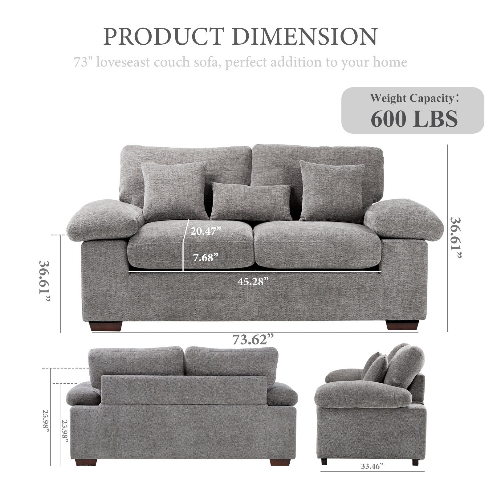 Plush Chenille Loveseat 73 - Includes Bonus 3 Pillows & Removable Back Cushion - Living Room 2-Seater Sofa