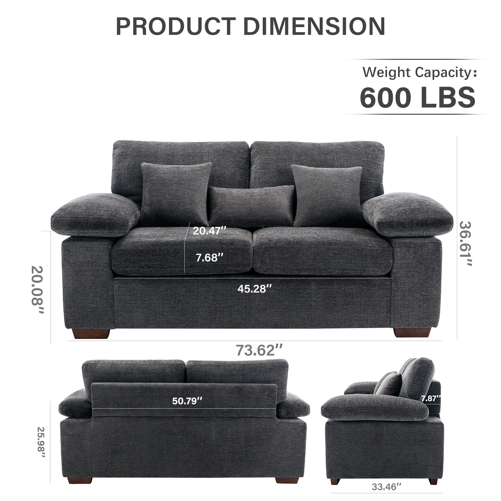 Plush Chenille Loveseat 73 - Includes Bonus 3 Pillows & Removable Back Cushion - Living Room 2-Seater Sofa