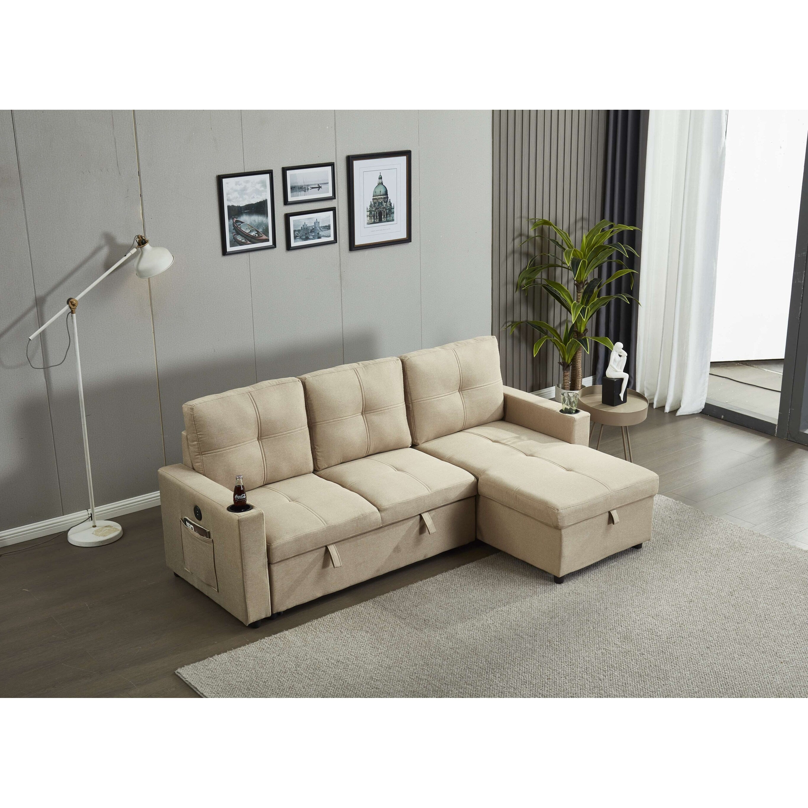Linen Sectional Sofa Reversible Chaise with Pull out Sleeper
