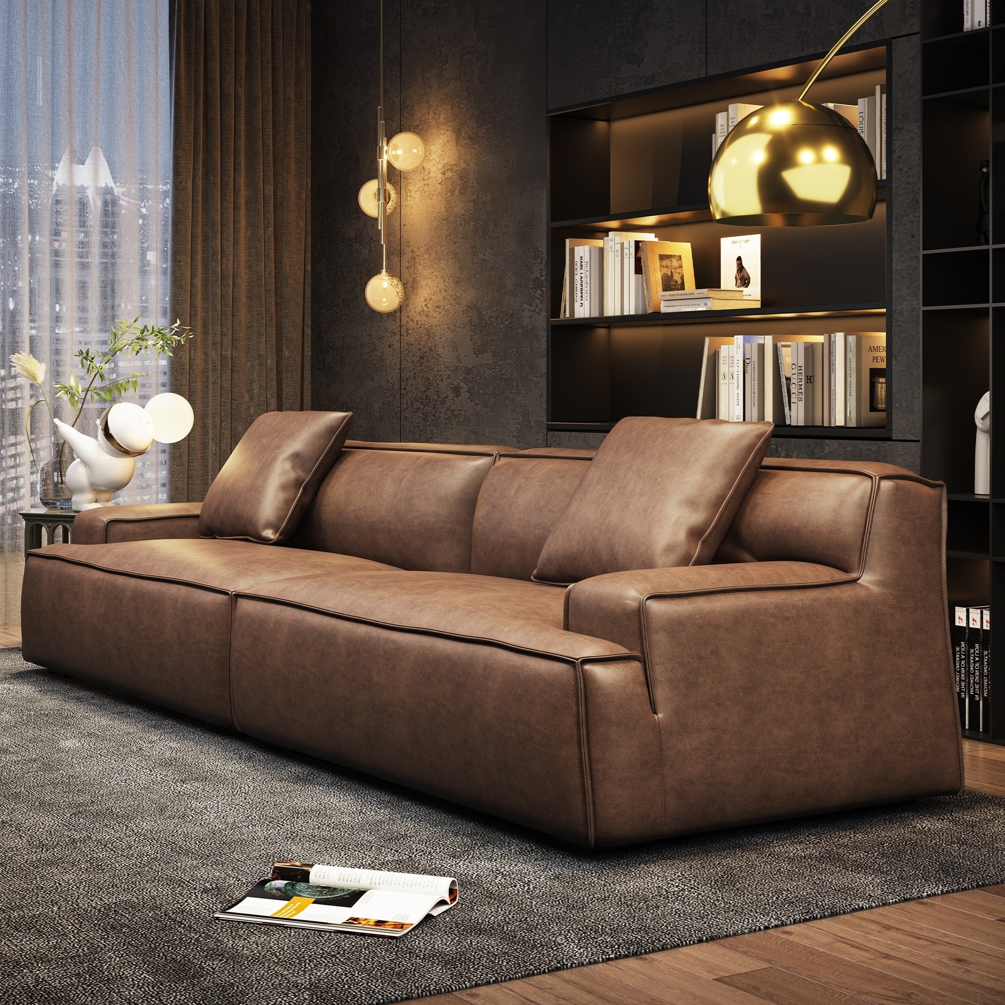 Recessed Arms Couch Leather Upholstered Sofa for Living Room-110.2W - 110.2 x 28.35