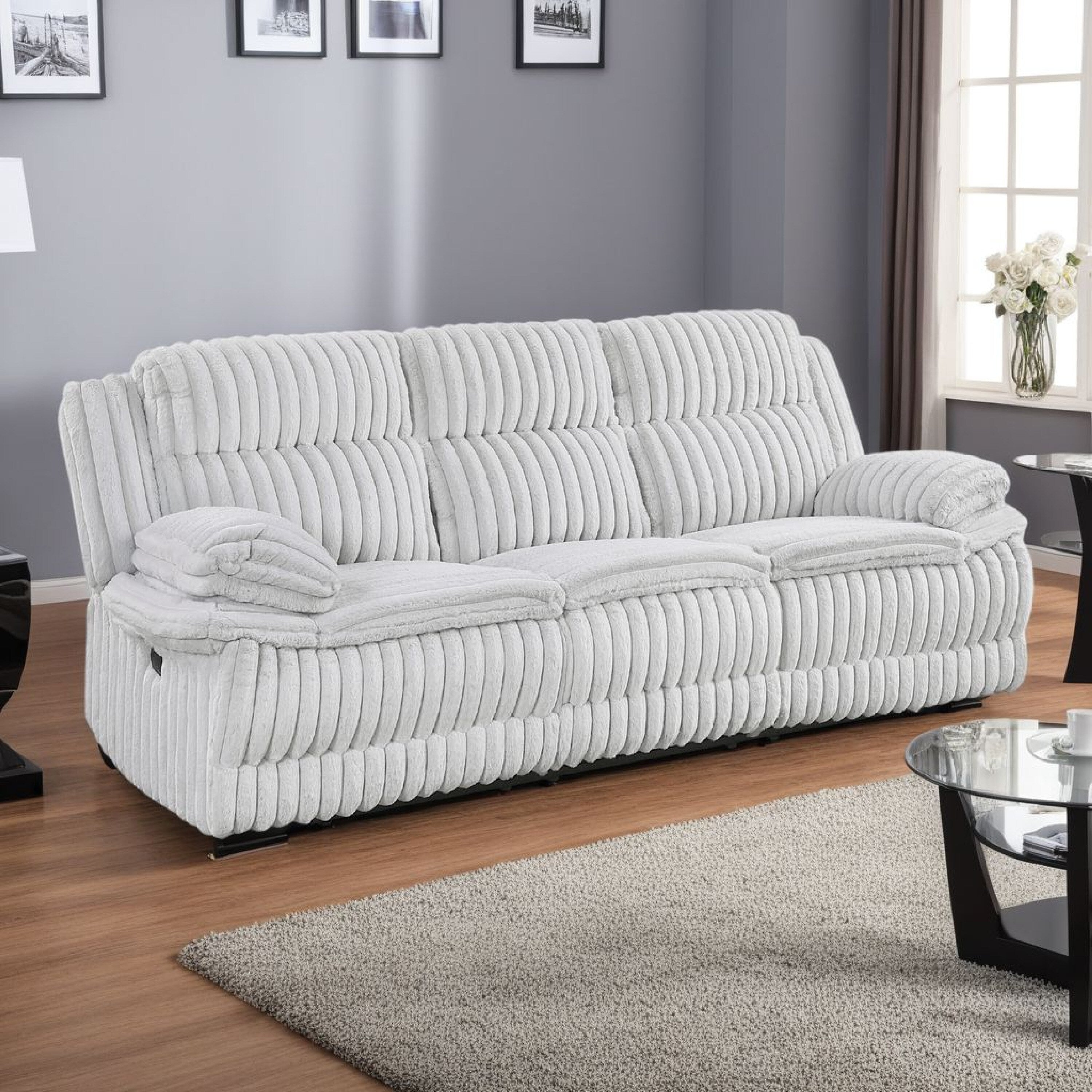 Rexy Manual Double Recliner Sofa, Textured Light Gray Corduroy 95 Inch