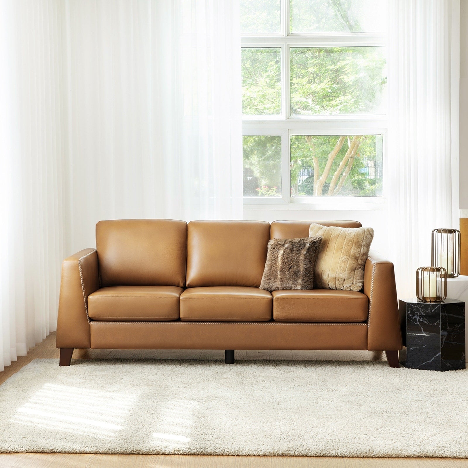 Rita 81.5 Genuine Leather Tuxedo Arm Sofa Couch With Solid Wood Legs By HULALA HOME