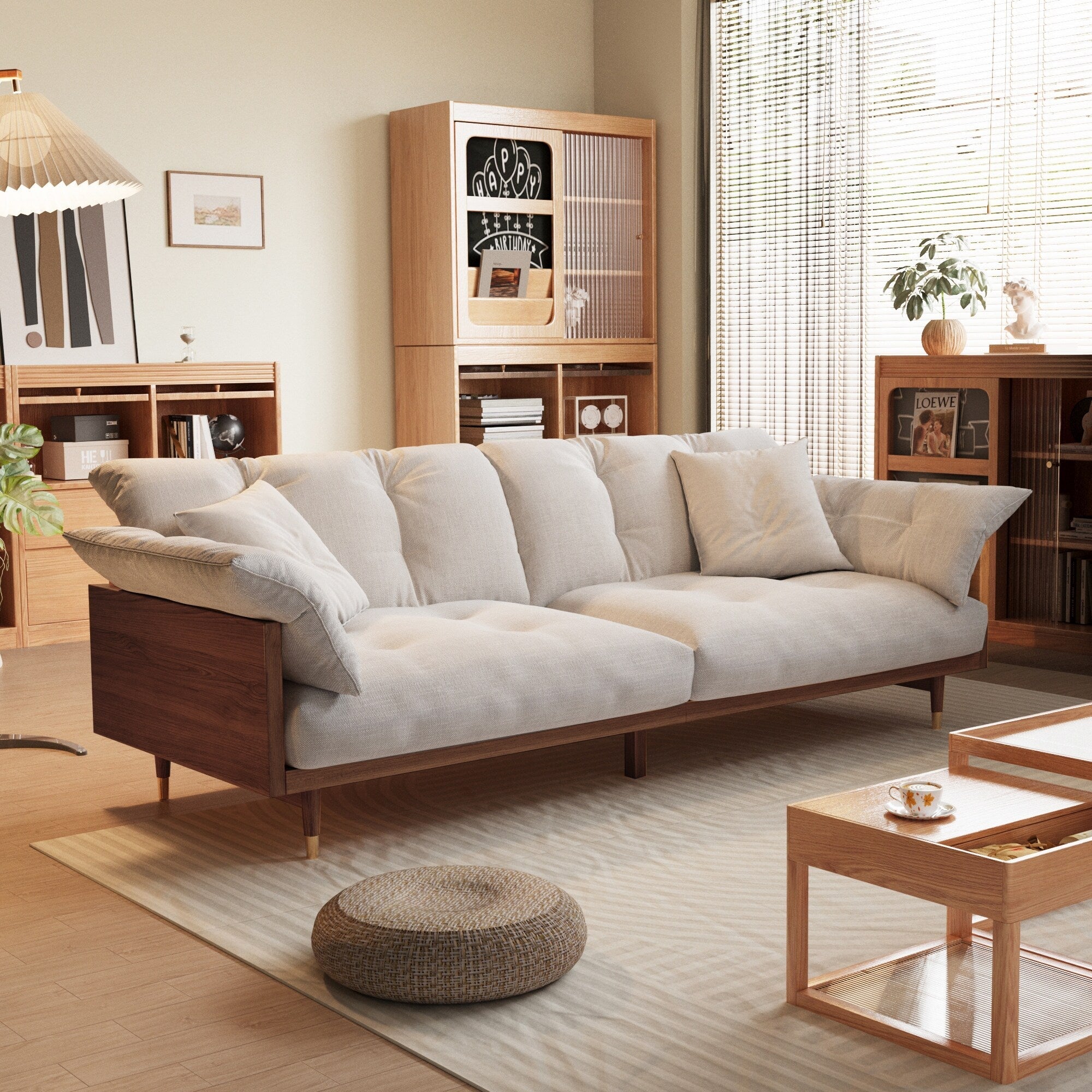 Romision Linen Fabrics Three-Seater Rectangle Sofa