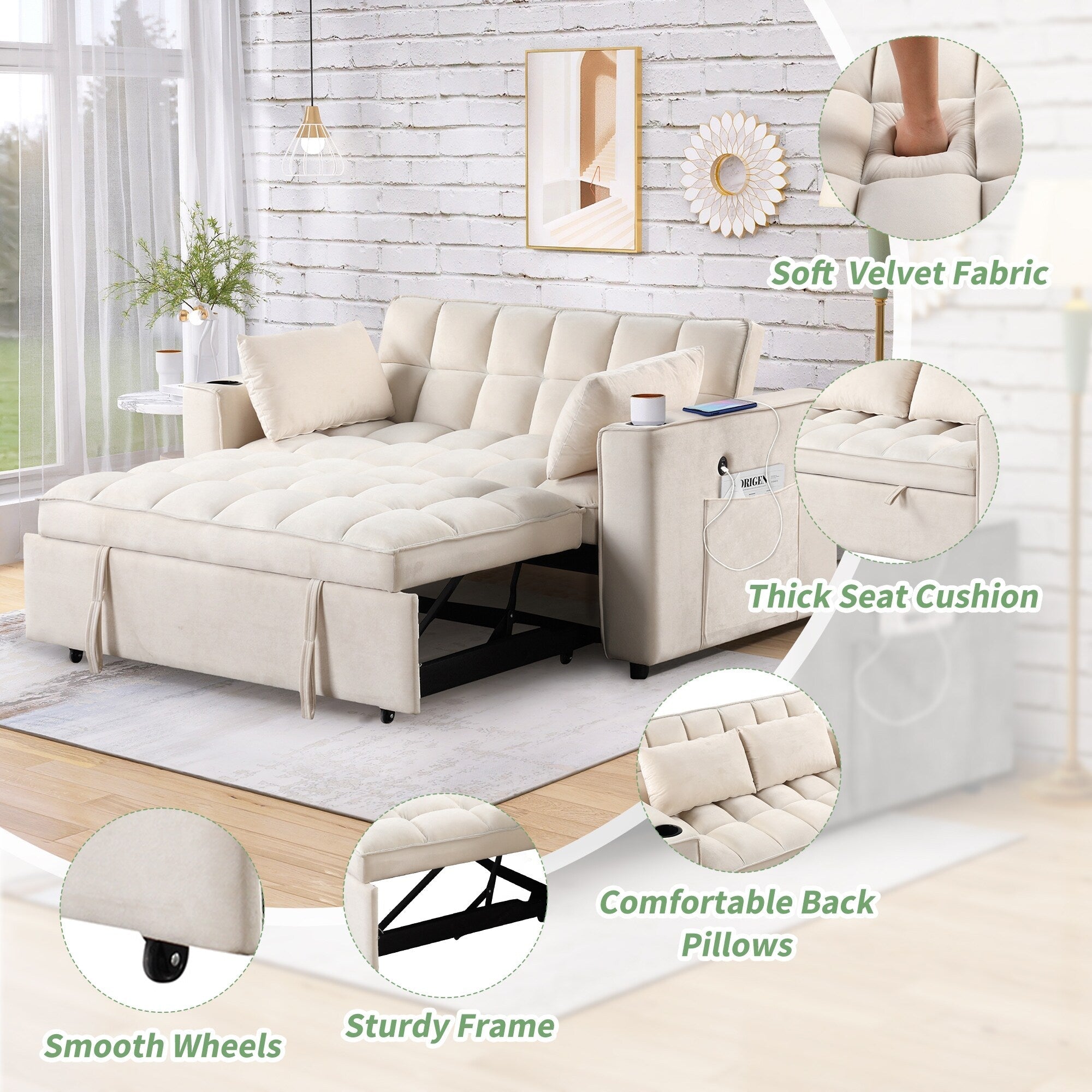 Roomfitters 58 4-1 Multi-functional Sofa Bed with Cup Holder and USB Port for Living Room or Apartments