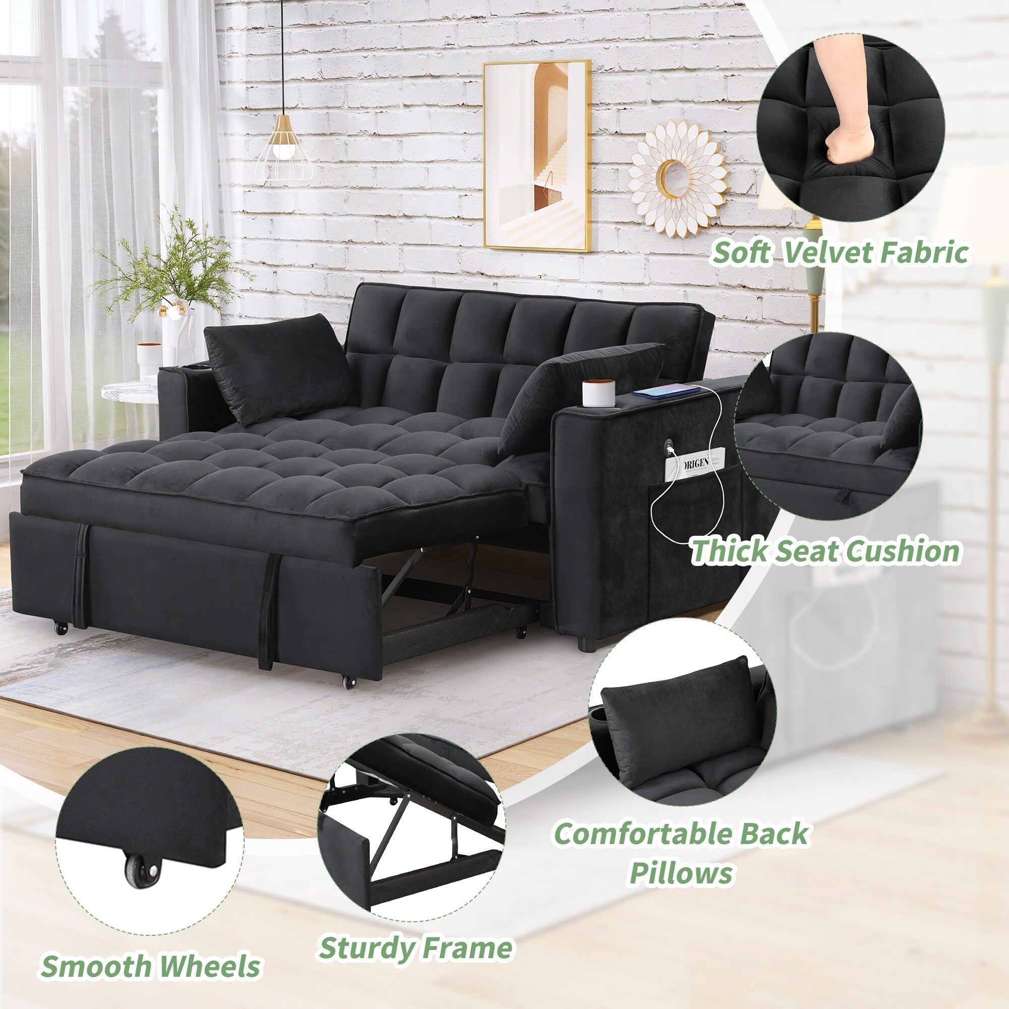 Roomfitters 58 4-1 Multi-functional Sofa Bed with Cup Holder and USB Port for Living Room or Apartments