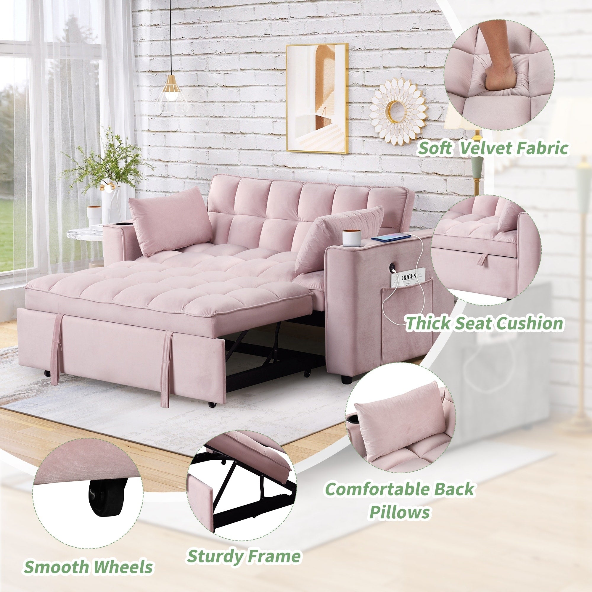 Roomfitters 58 4-1 Multi-functional Sofa Bed with Cup Holder and USB Port for Living Room or Apartments