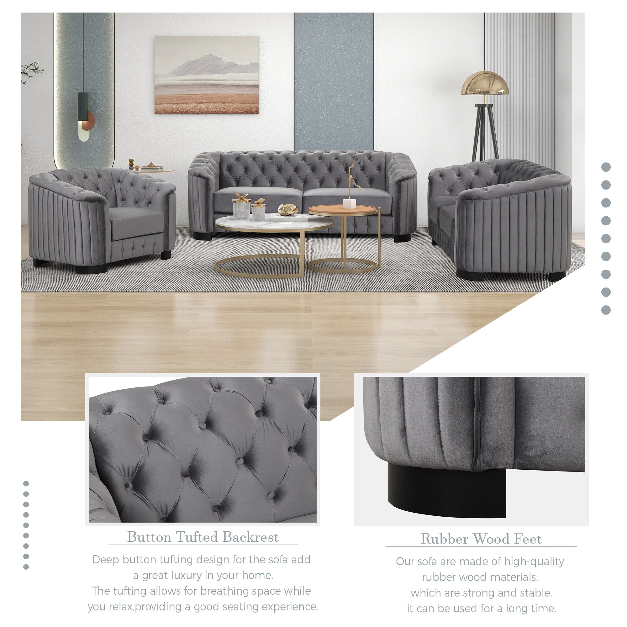 Roomfitters Modern 3-Piece Velvet Sofa Set with Rubber Wood Legs Includes Three-Seat Sofa Loveseat and Chair for Living Room