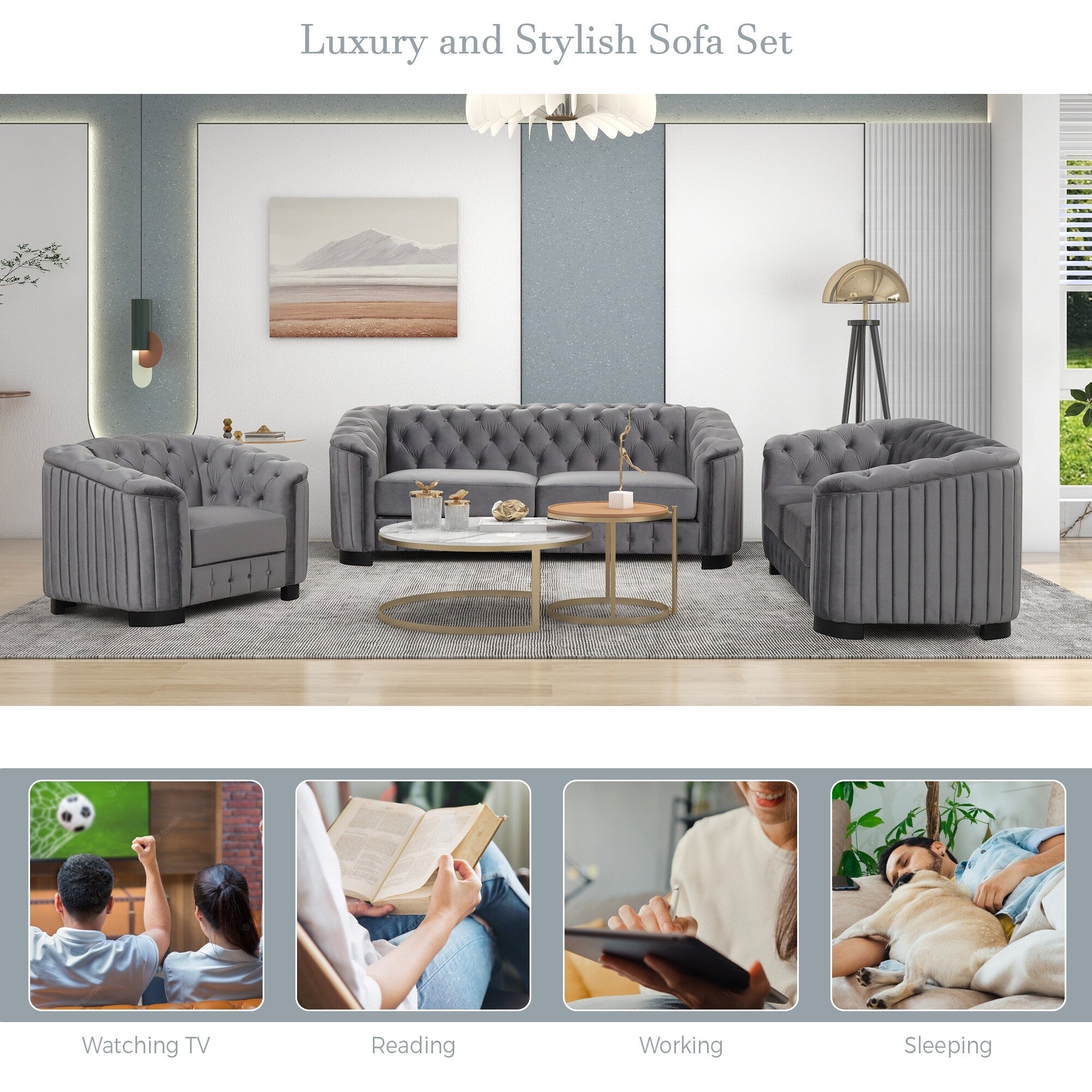 Roomfitters Modern 3-Piece Velvet Sofa Set with Rubber Wood Legs Includes Three-Seat Sofa Loveseat and Chair for Living Room
