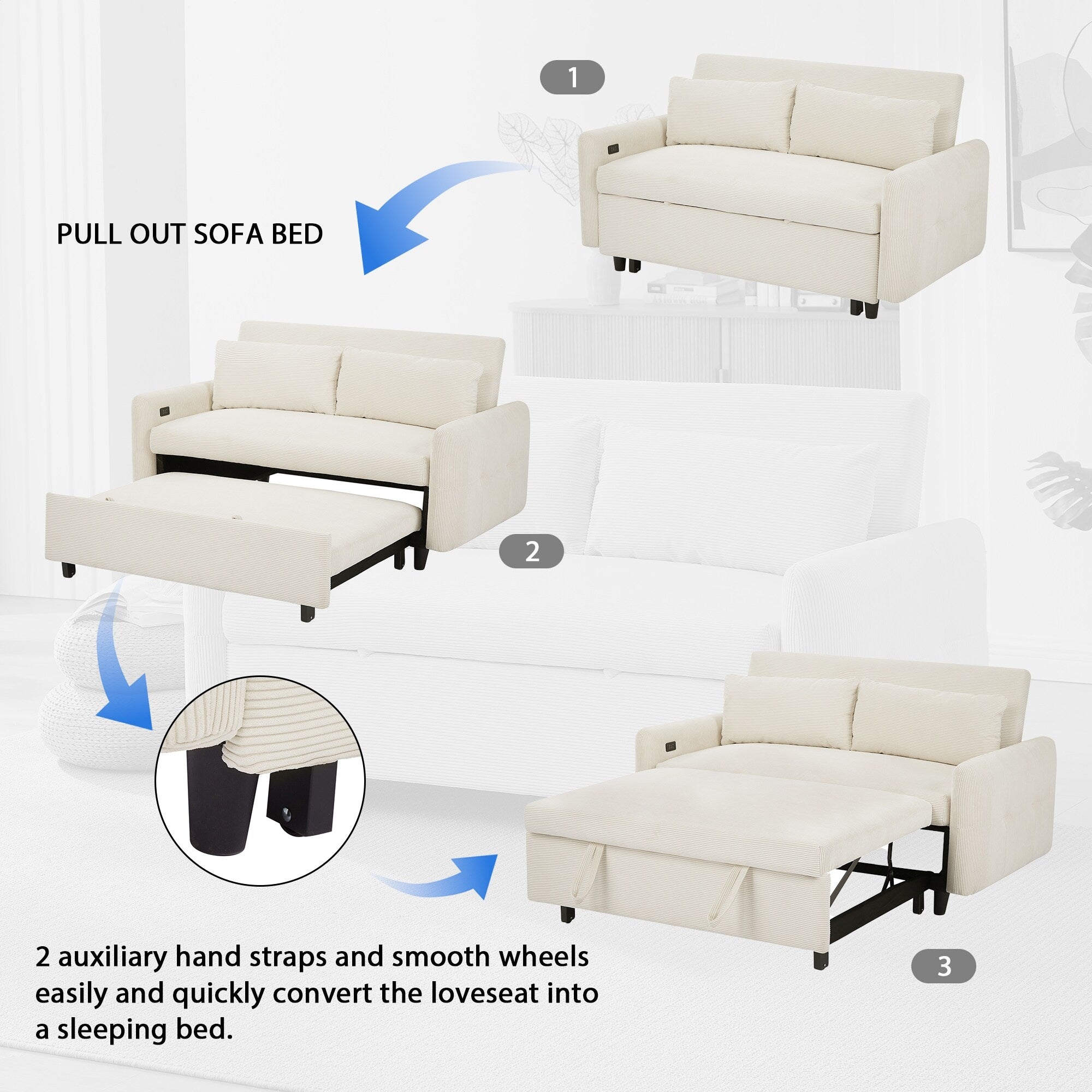 Roomfitters Pull-Out Sofa Bed Convertible 2-Seat Loveseat with Throw Pillows and USB Ports, Modern Sleeper Sofa, Beige