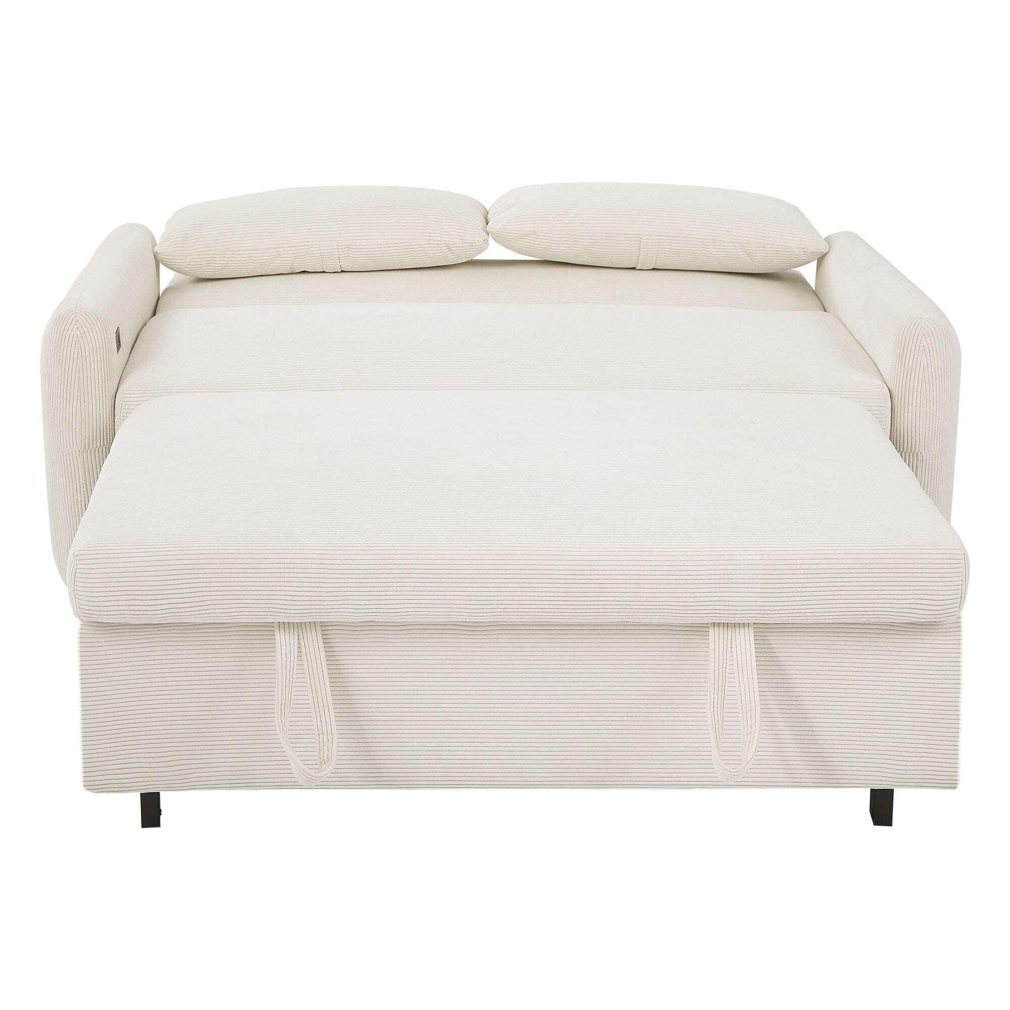Roomfitters Pull-Out Sofa Bed Convertible 2-Seat Loveseat with Throw Pillows and USB Ports, Modern Sleeper Sofa, Beige