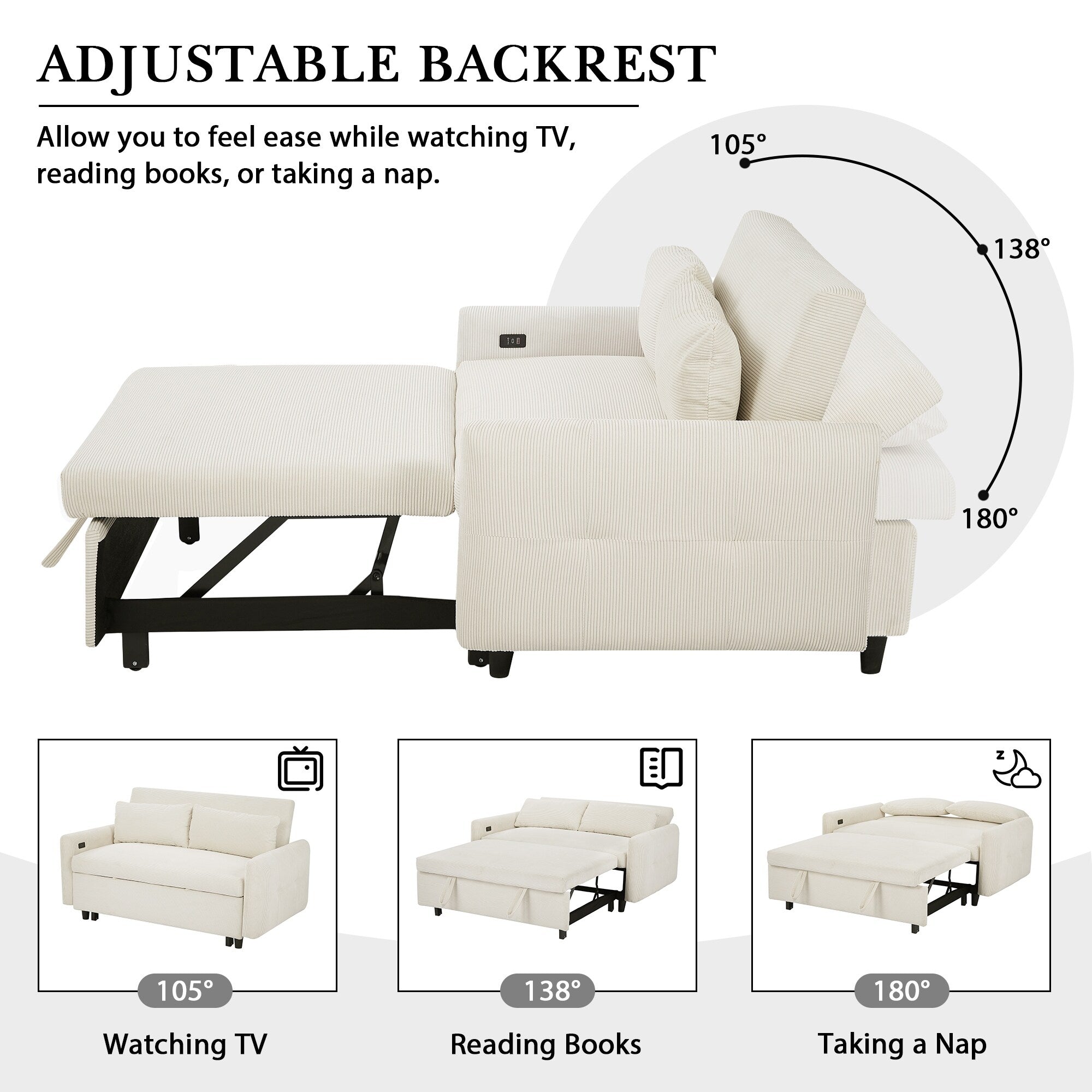 Roomfitters Pull-Out Sofa Bed Convertible 2-Seat Loveseat with Throw Pillows and USB Ports, Modern Sleeper Sofa, Beige