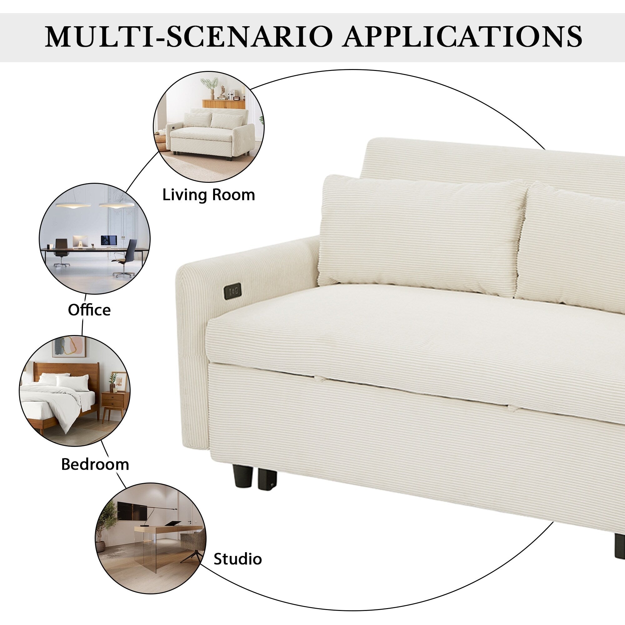 Roomfitters Pull-Out Sofa Bed Convertible 2-Seat Loveseat with Throw Pillows and USB Ports, Modern Sleeper Sofa, Beige