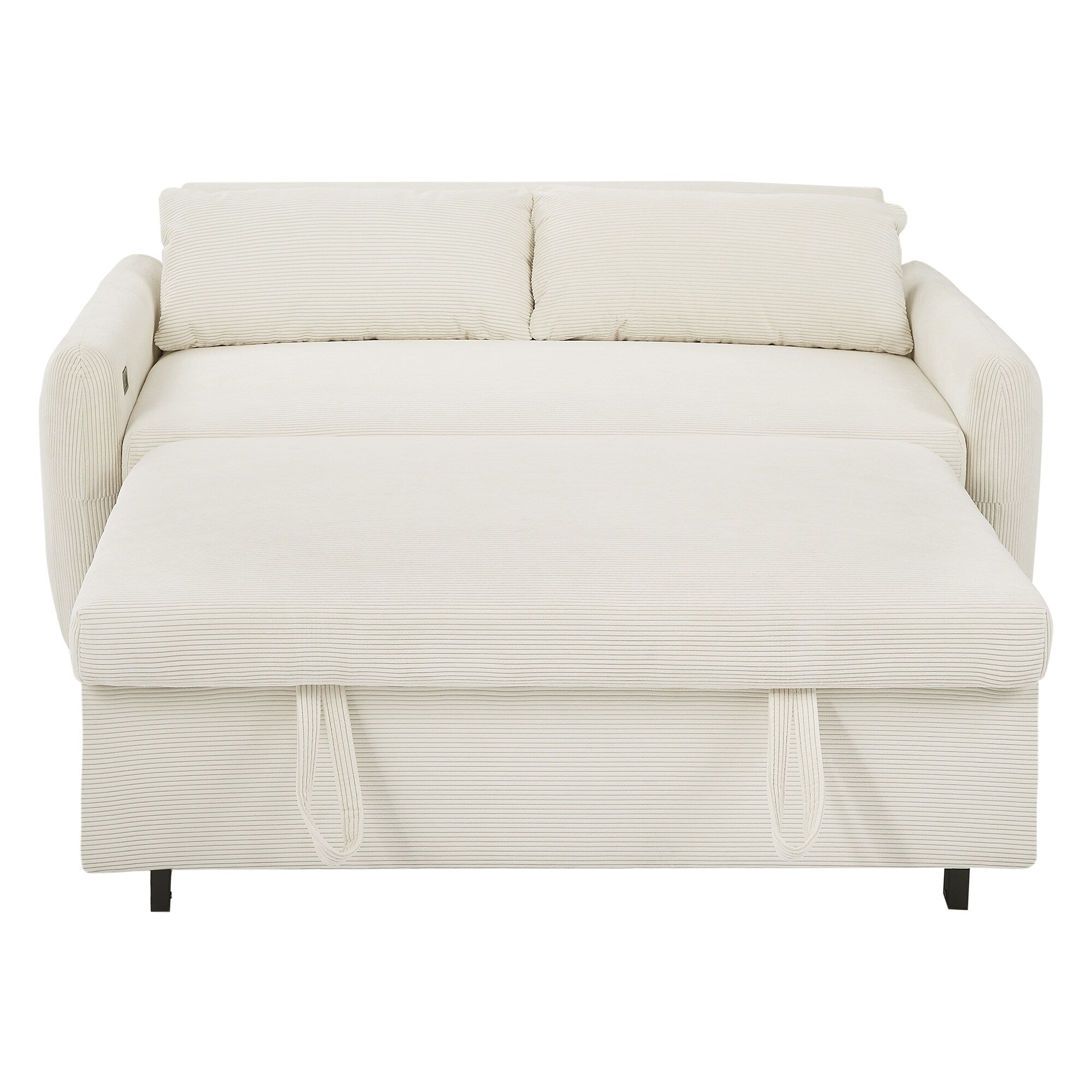 Roomfitters Pull-Out Sofa Bed Convertible 2-Seat Loveseat with Throw Pillows and USB Ports, Modern Sleeper Sofa, Beige