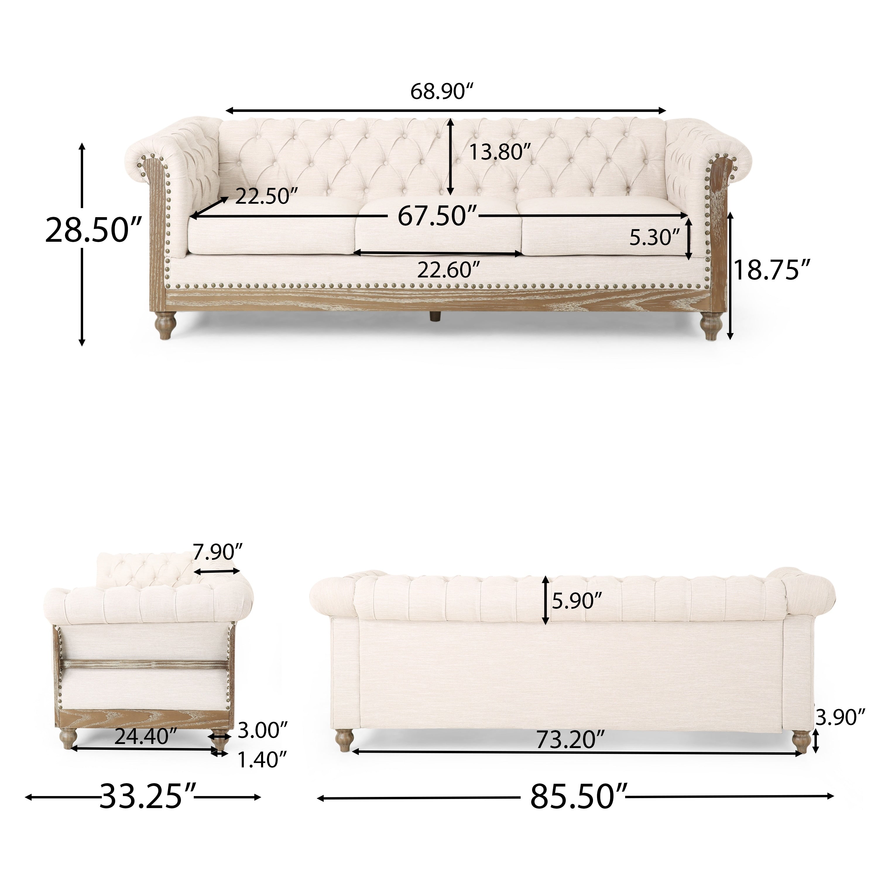 Saragus Chesterfield Sofa with Nailhead Trim by Christopher Knight Home - 85.50 L x 33.25 W x 28.50 H