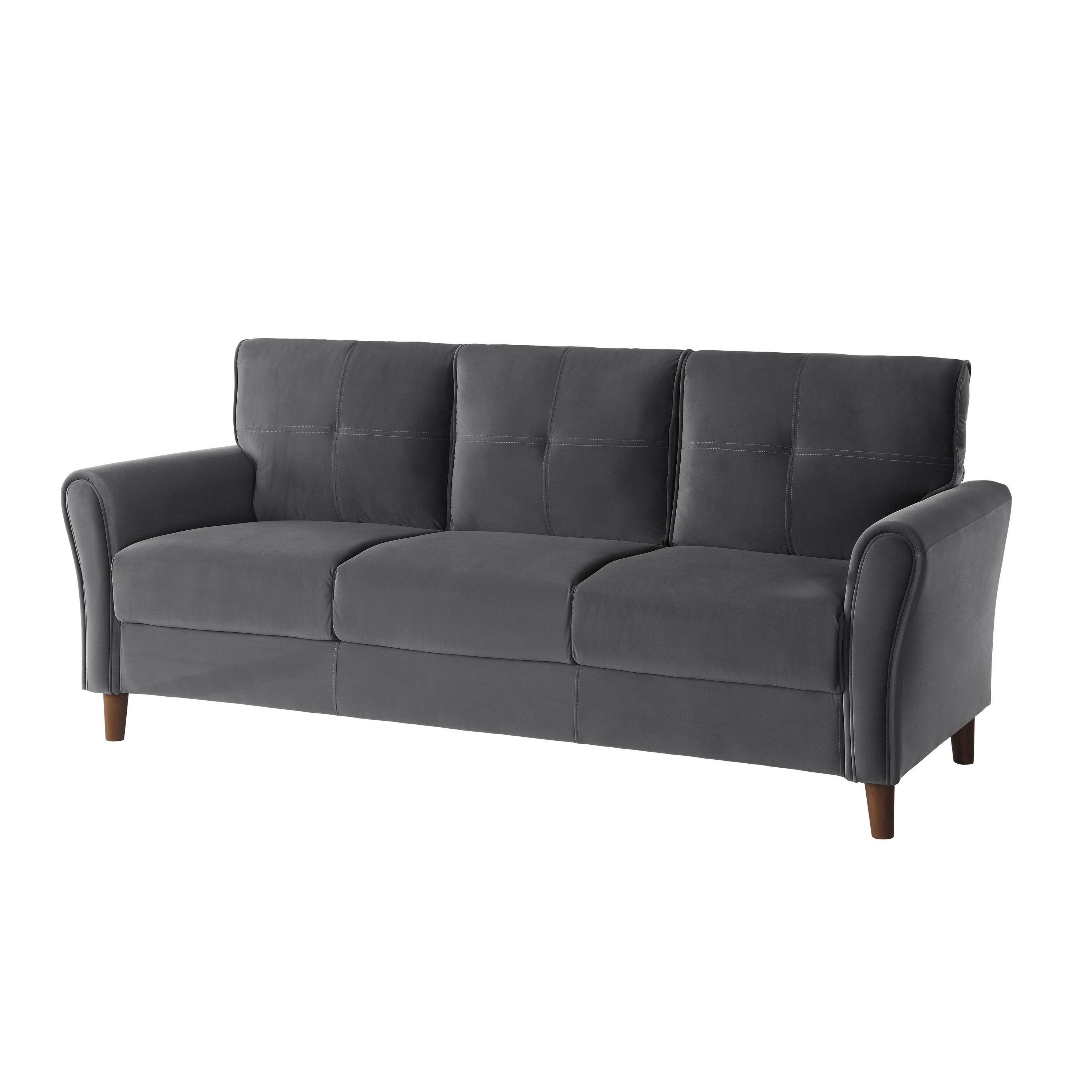 Sarah 80 Inch Sofa, Gray Velvet, Stitch Tufting, Reversible Cushions