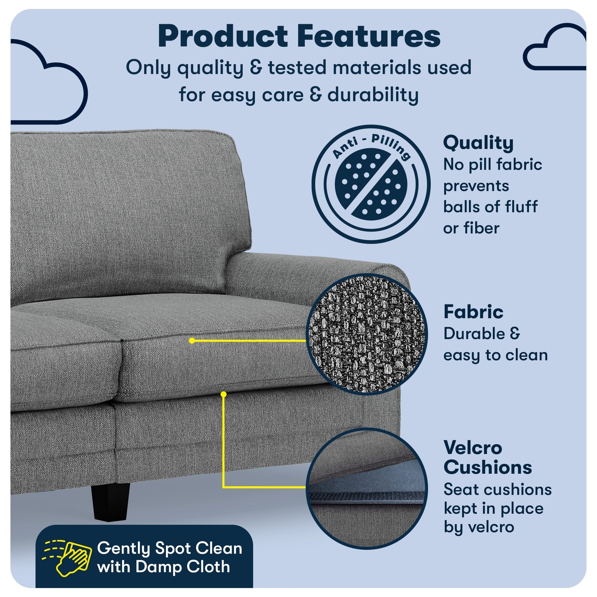 Serta Copenhagen 73 Rolled Arm Sofa, Easy Care Polyester, Soft Pillow Back, Pocket Coil Seat Cushions